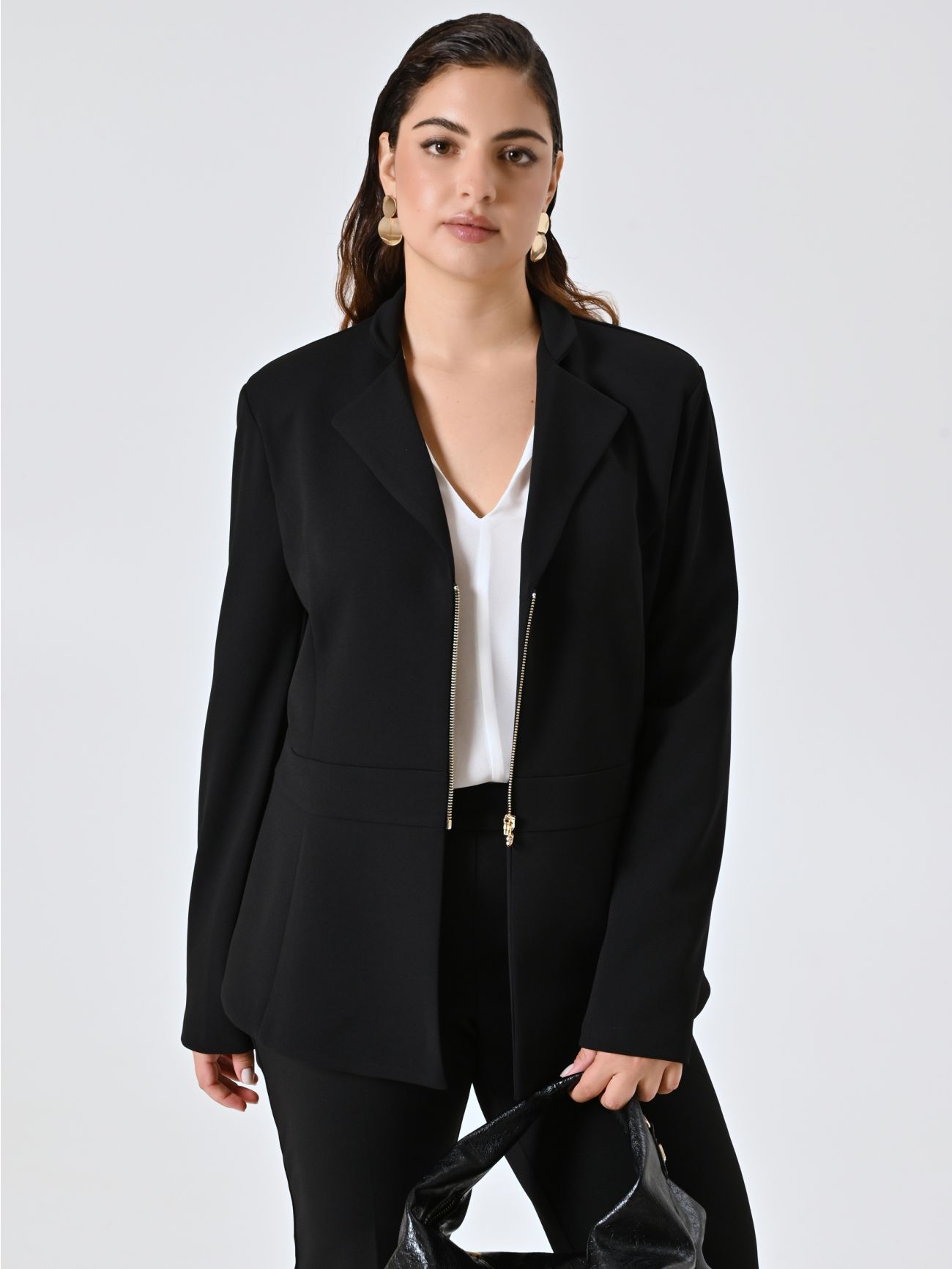 Curvy Black Jacket with Zip in Scuba Crepe  Rinascimento