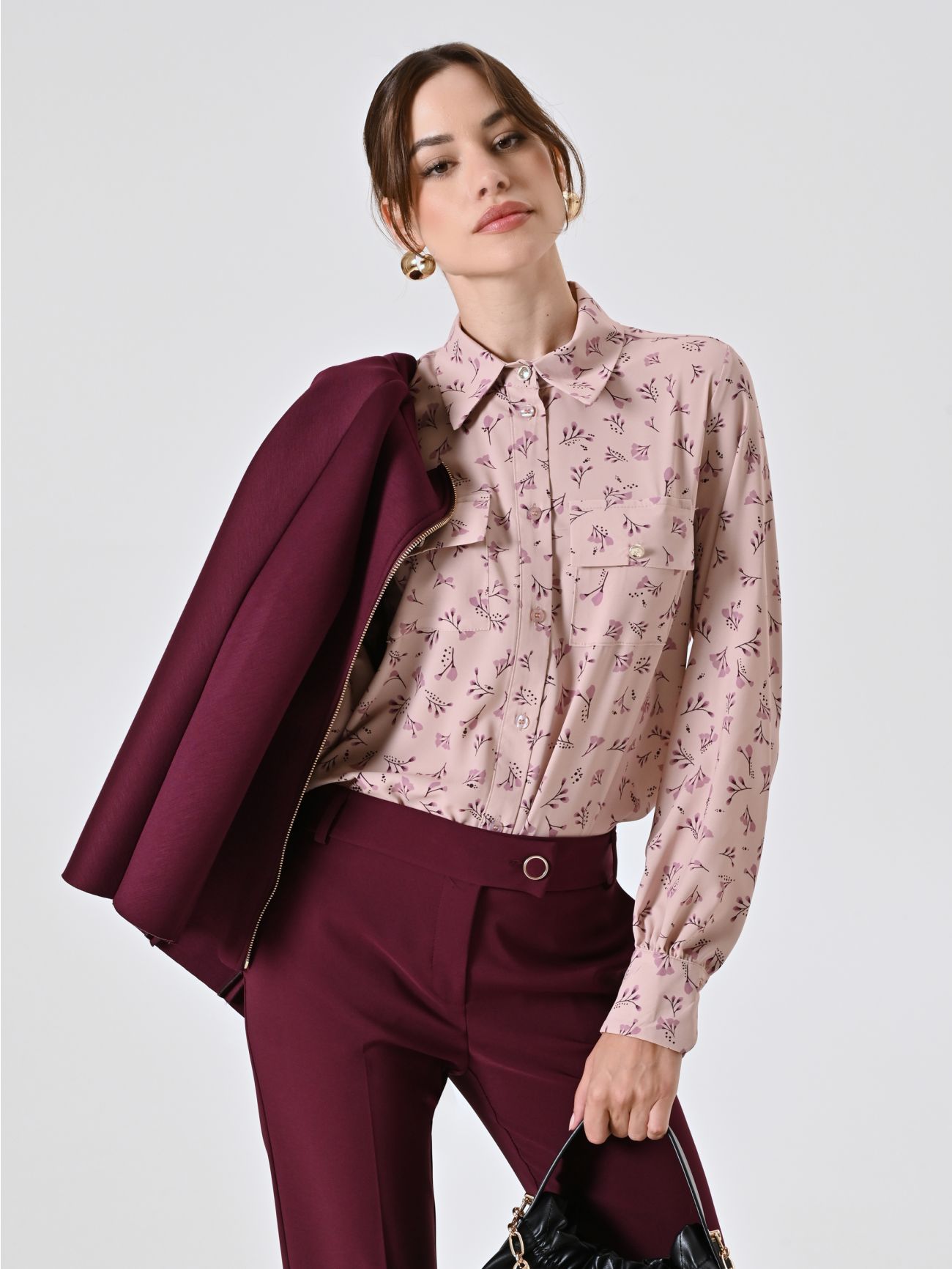 Floral Print Shirt in Pink and Burgundy  Rinascimento