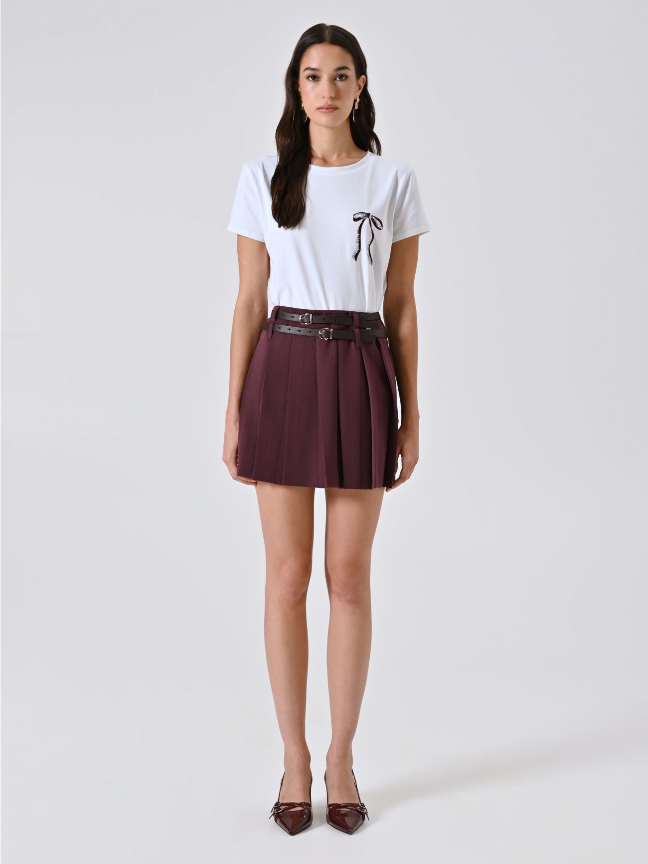 Mini Gonna Bordeaux a Pieghe con Cinture det_1