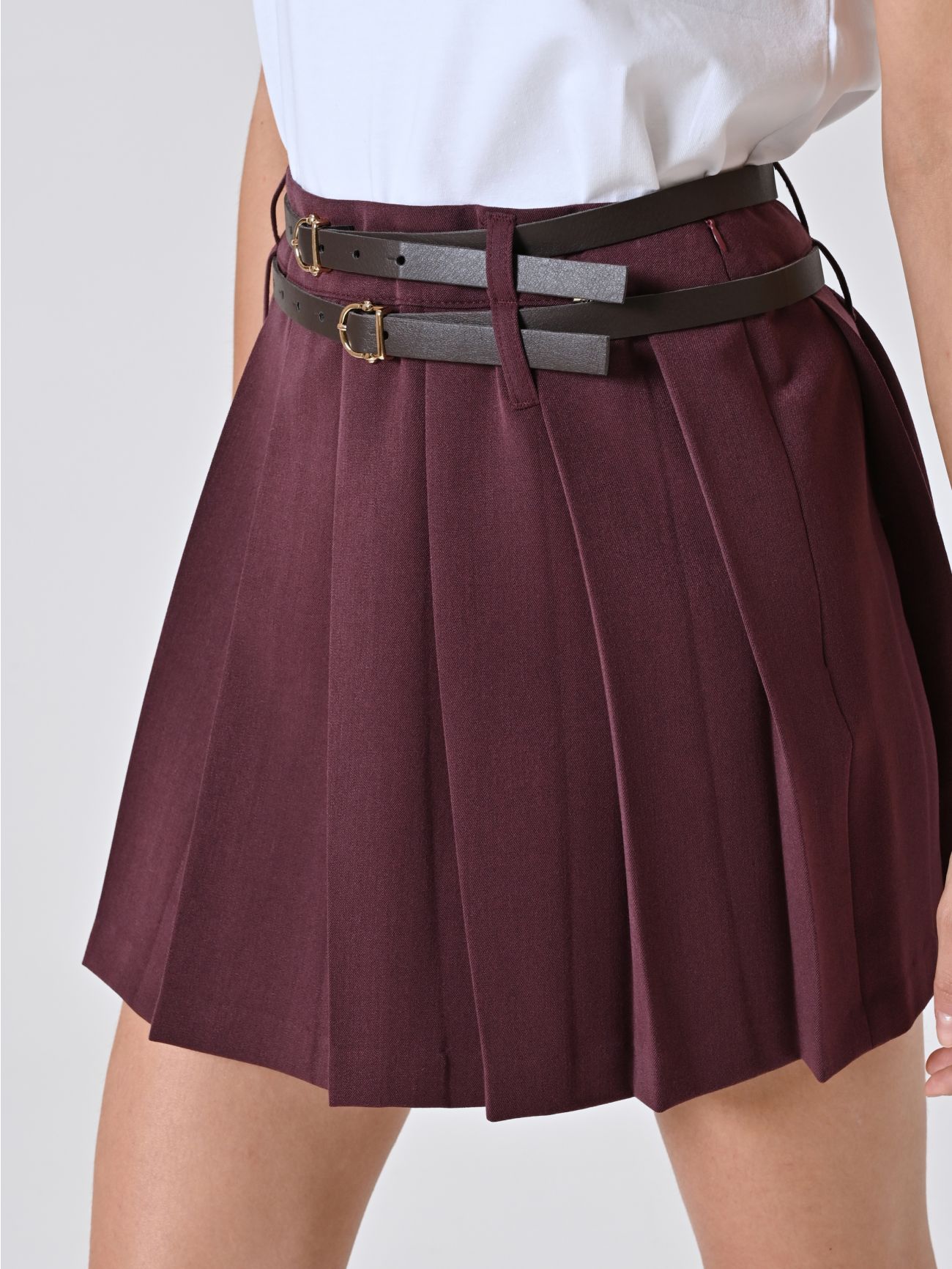 Mini Gonna Bordeaux a Pieghe con Cinture in_i5