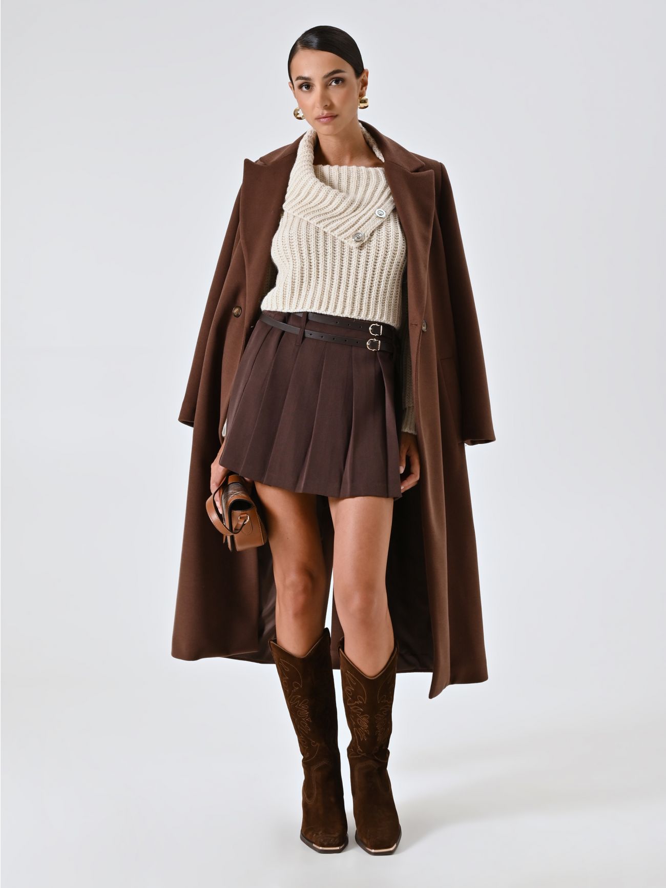 Mini Gonna Marrone a Pieghe con Cinture sp_e1