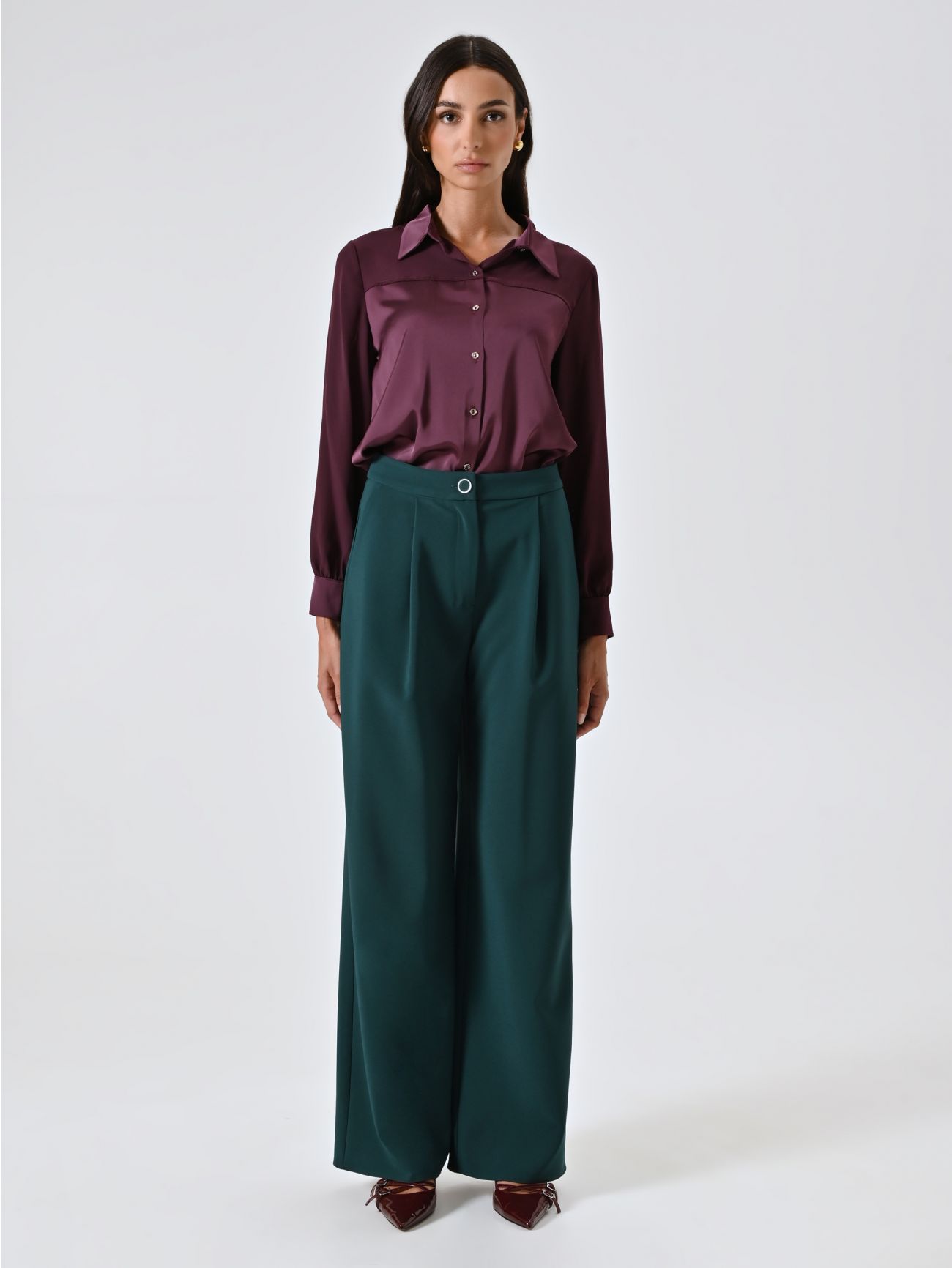 Pantaloni Palazzo Bordeaux con Pinces in Tessuto Tecnico  det_1