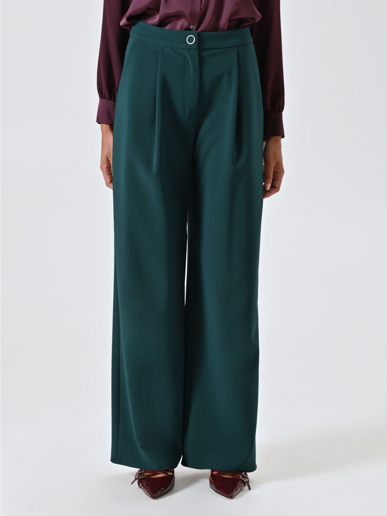 Pantaloni Palazzo Bordeaux con Pinces in Tessuto Tecnico  det_2