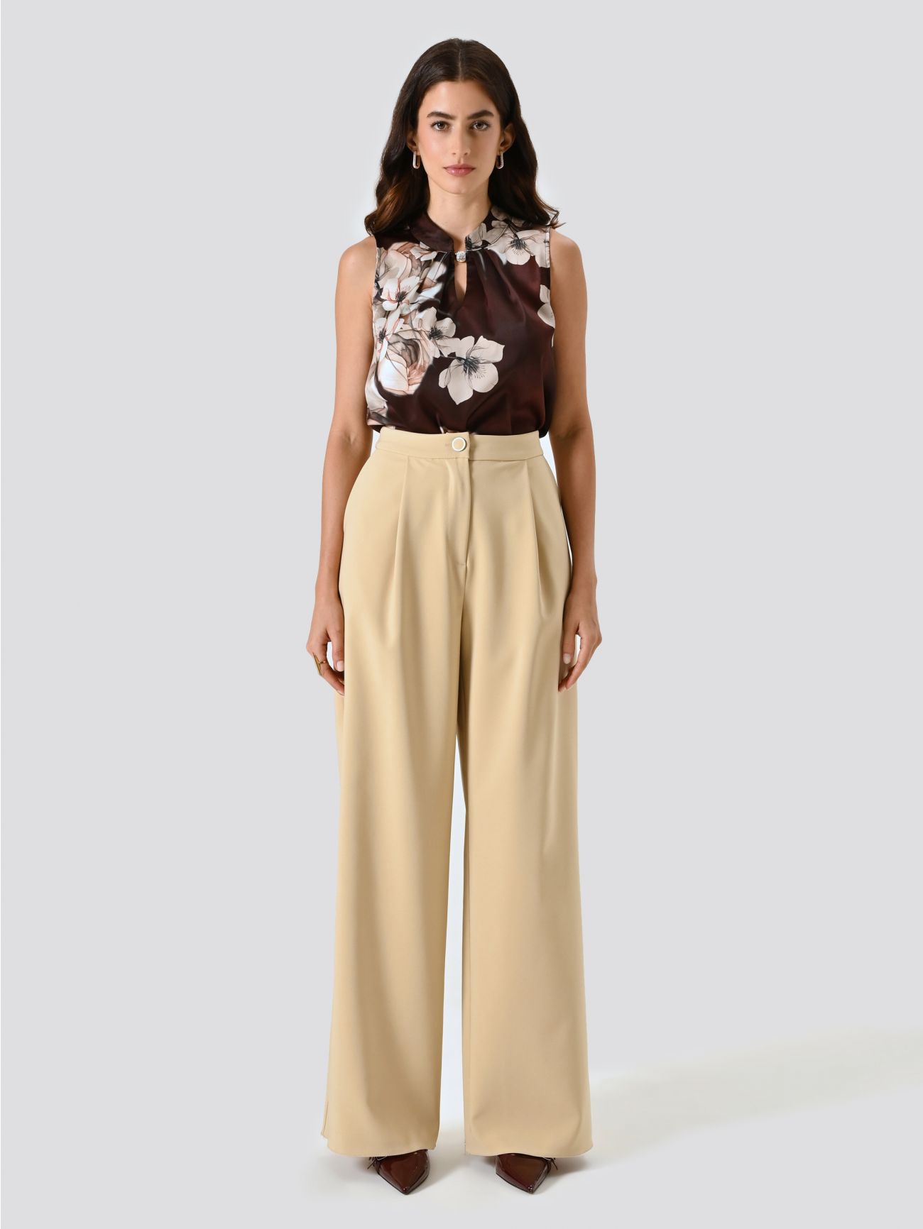 Dark Beige Palazzo Trousers with Darts in Technical Fabric det_1