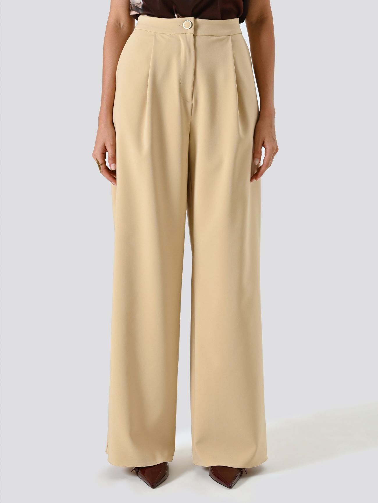 Dark Beige Palazzo Trousers with Darts in Technical Fabric det_2