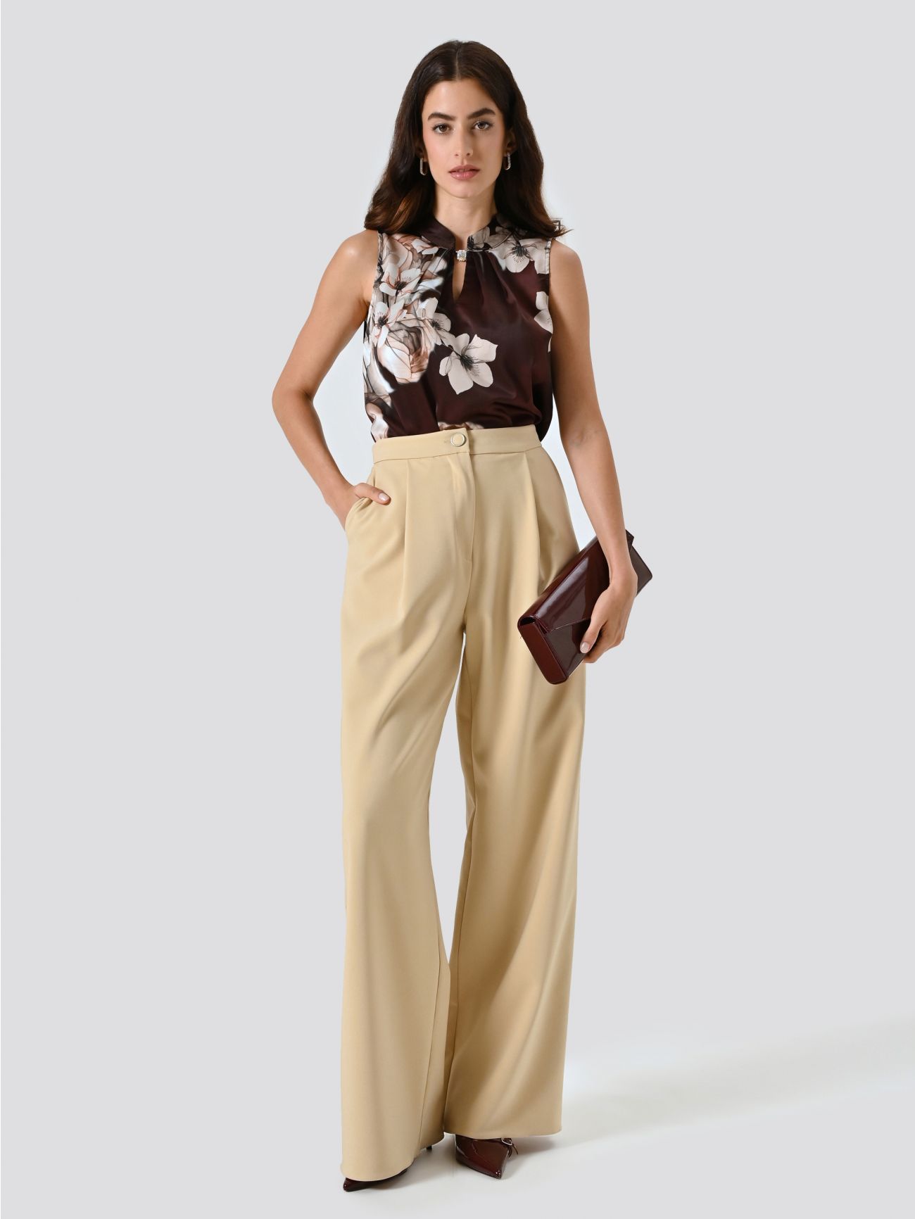 Dark Beige Palazzo Trousers with Darts in Technical Fabric  Rinascimento