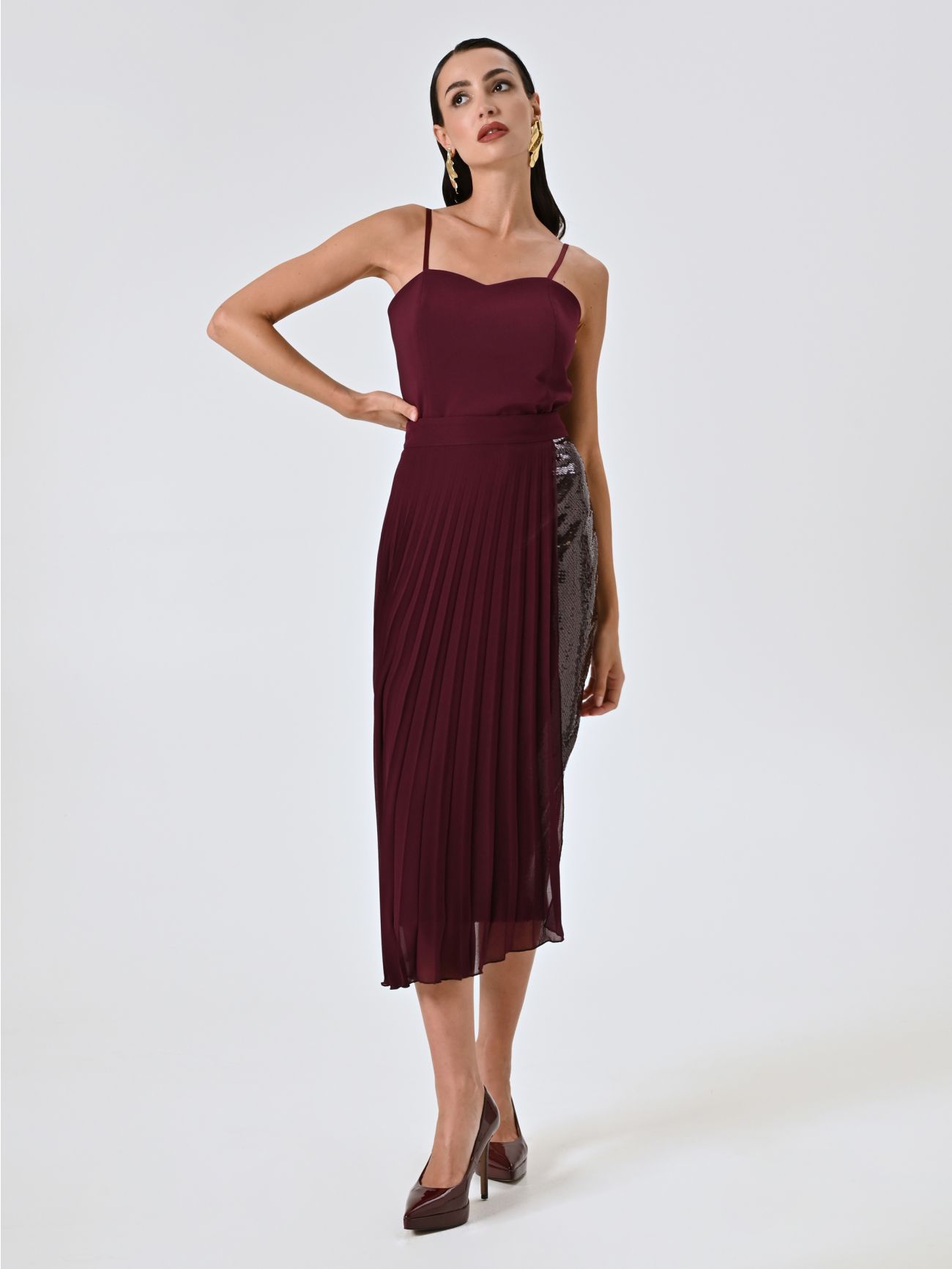 Burgundy Pleated Skirt with Sequins in_i7