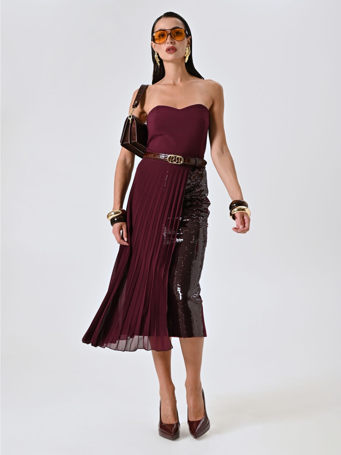 Burgundy Pleated Skirt with Sequins sp_e1
