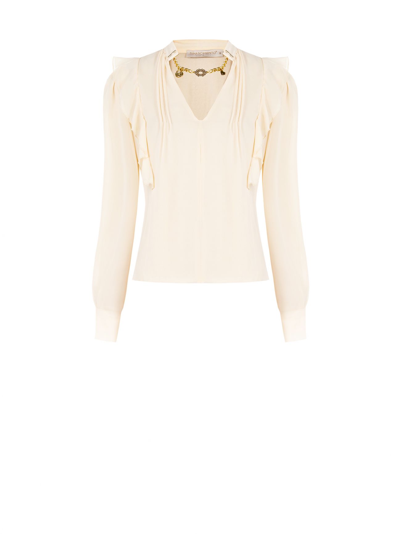 Bluse in Hellbeige mit Rüschen und Goldkette det_4