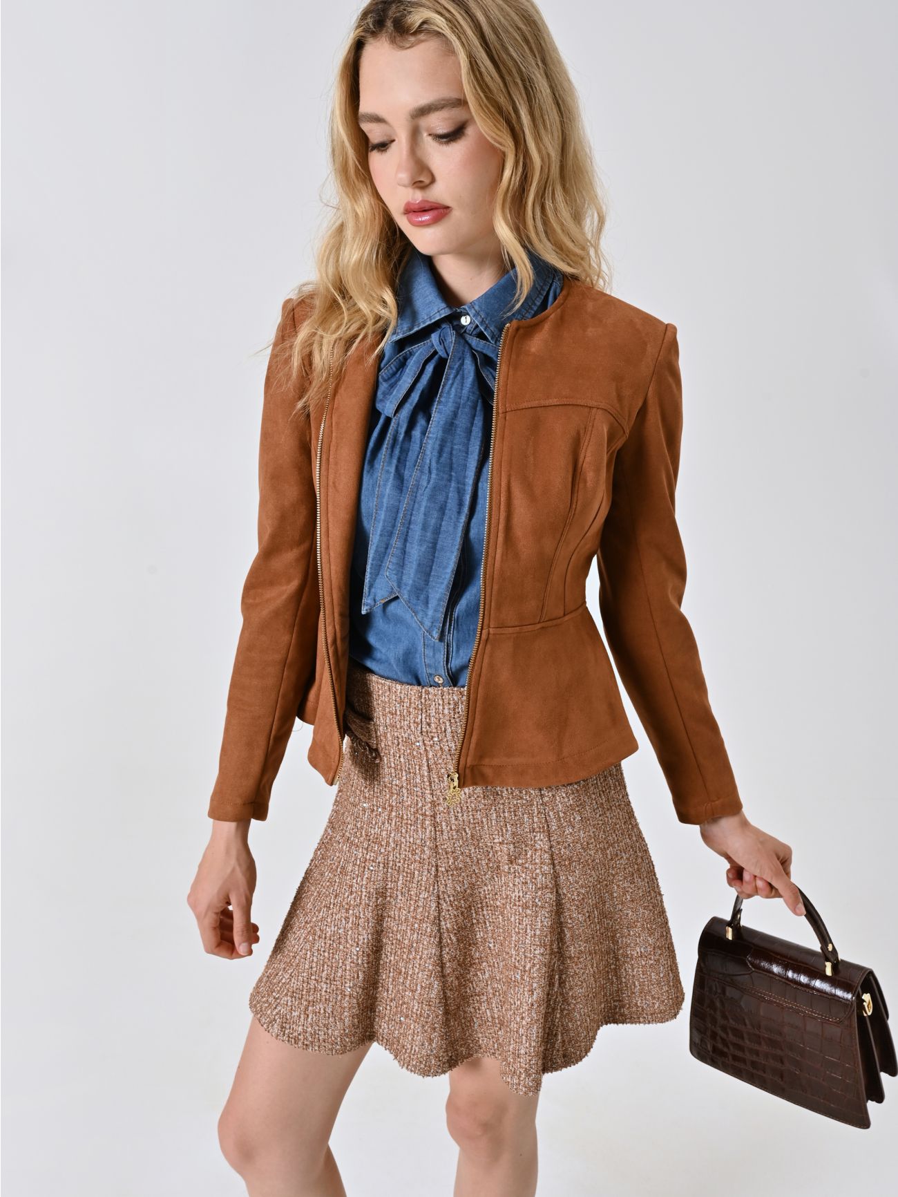 Brown Dainetto-effect Leather Jacket  Rinascimento