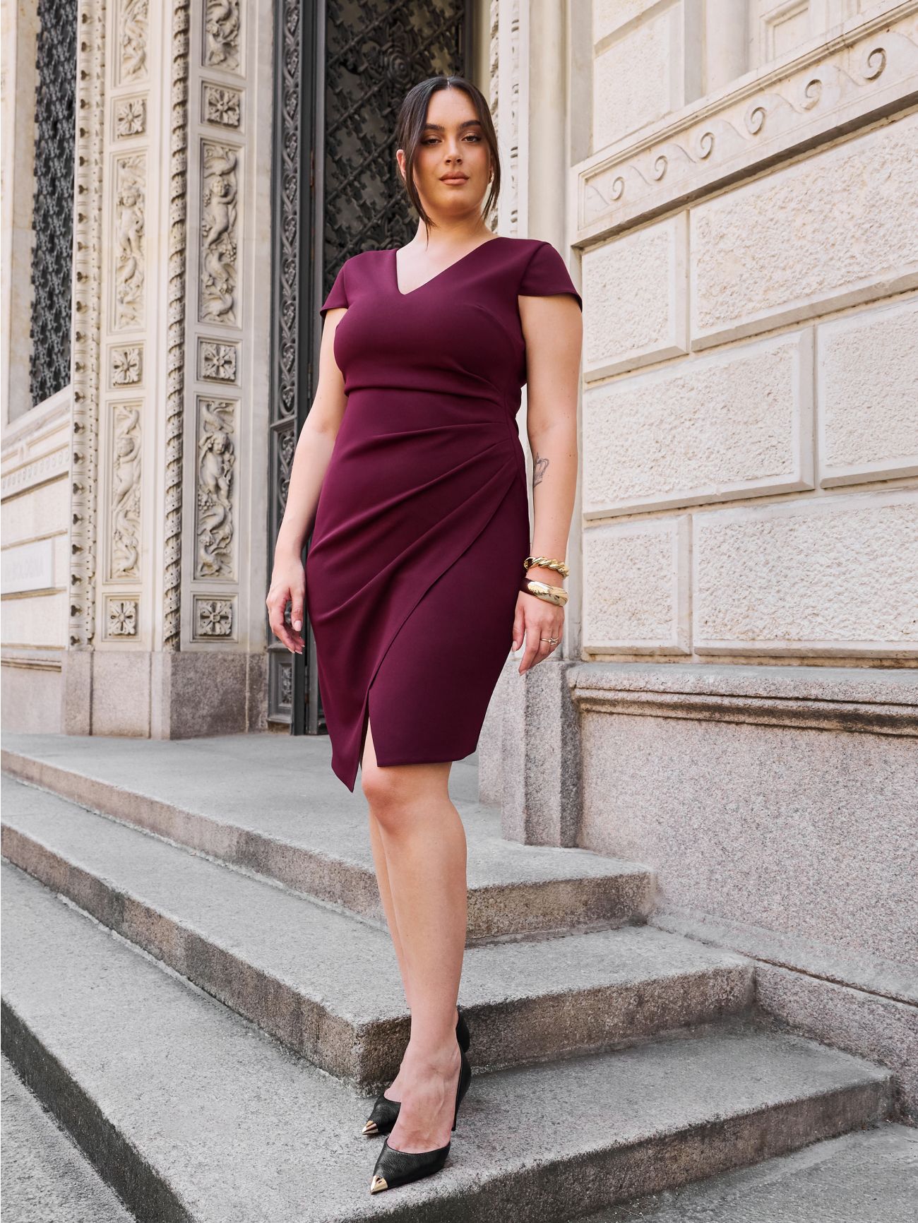 Curvy Burgundy Sheath Dress in Scuba Crepe  Rinascimento