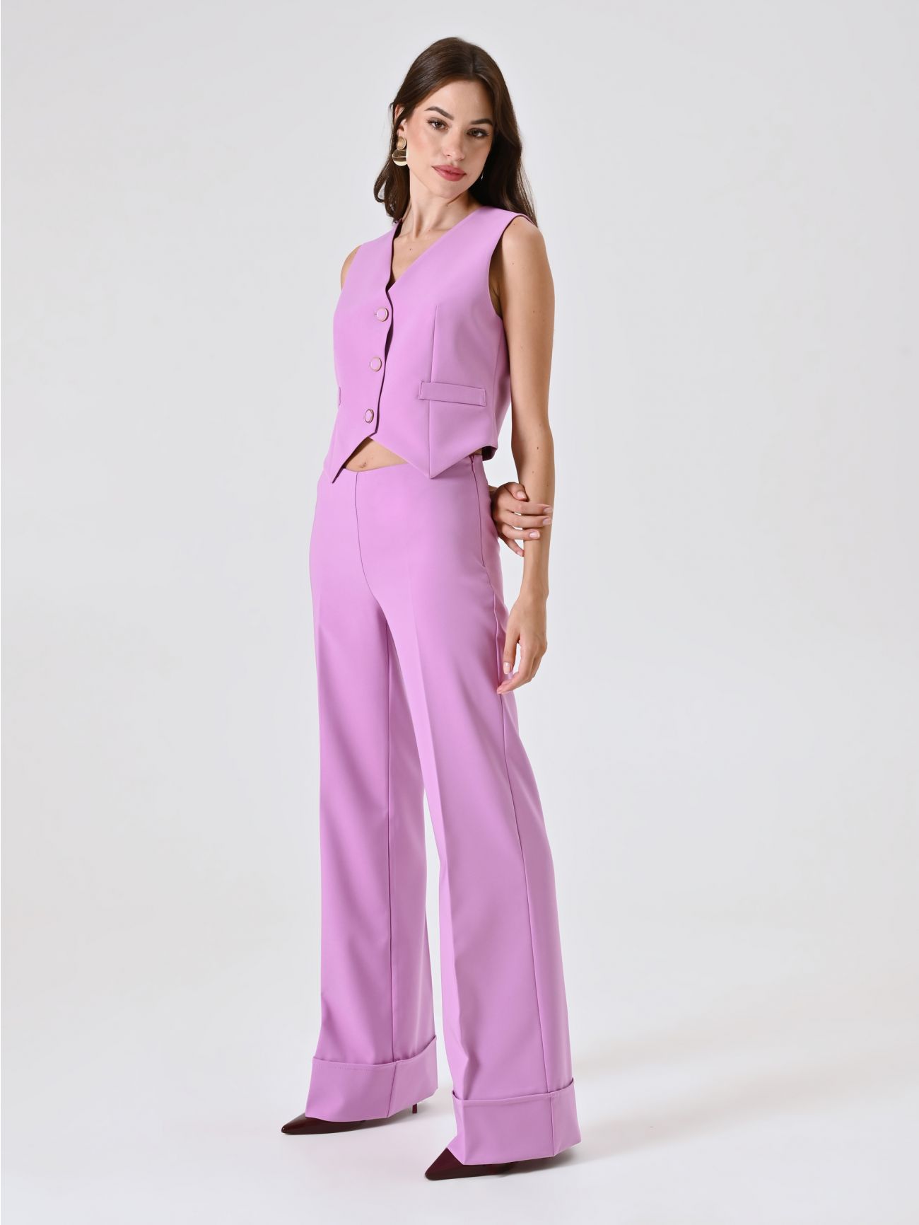 Pantaloni Rosa Orchidea Ampi con Maxi Risvolto in Tessuto Tecnico in_i7