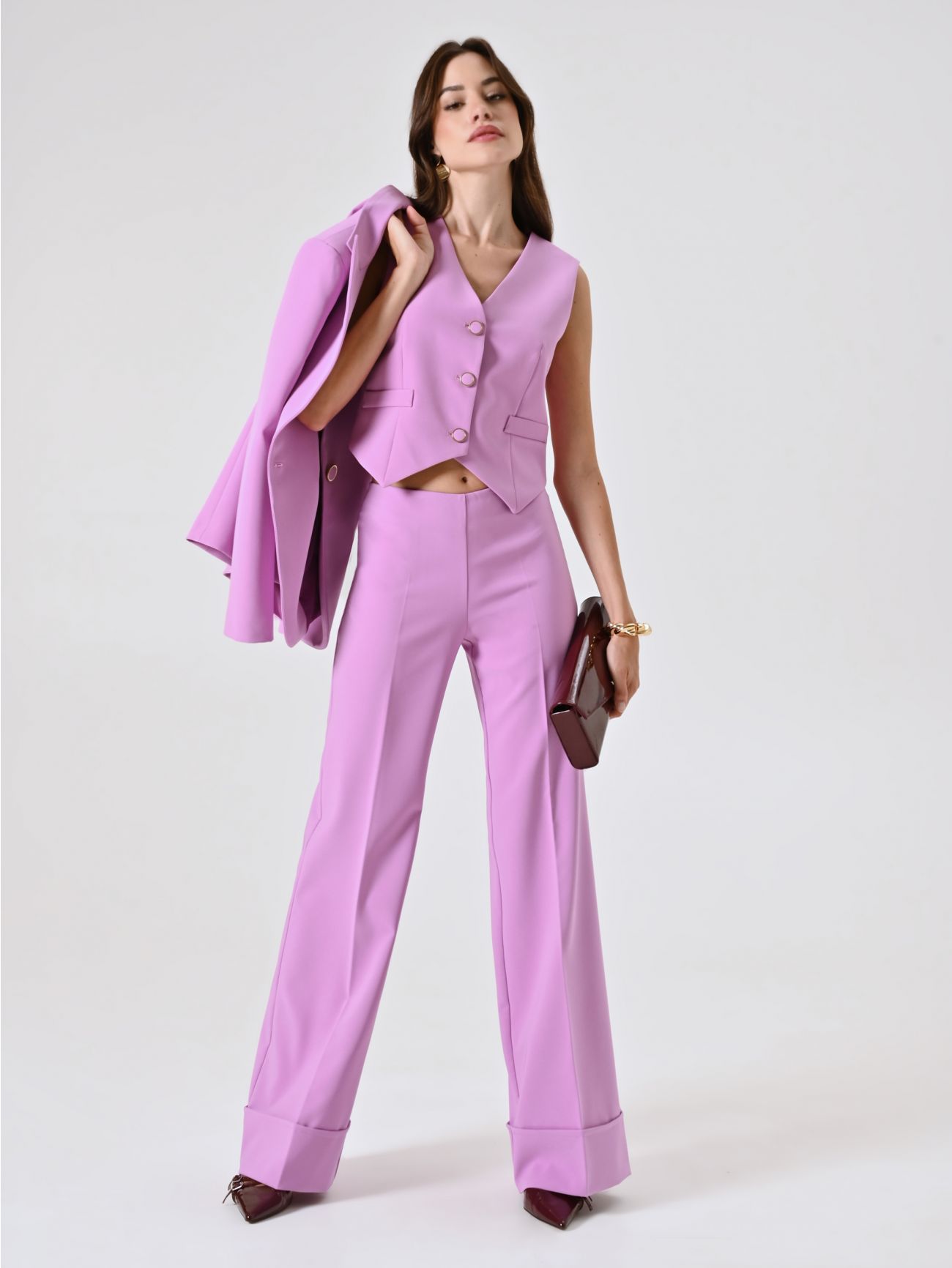Wide Orchid Pink Trousers with Maxi Turn-Up in Technical Fabric  Rinascimento