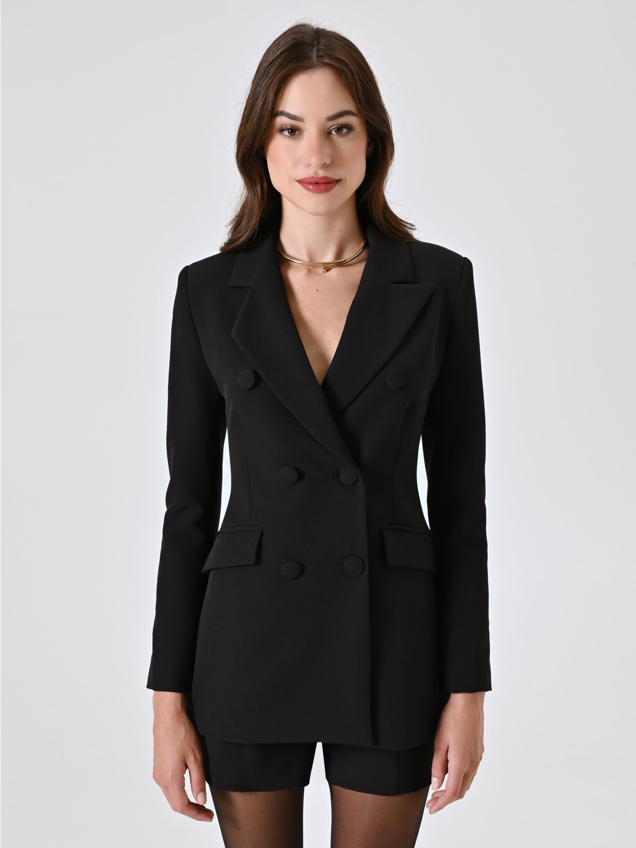 Chaqueta cruzada negra con botones revestidos det_2