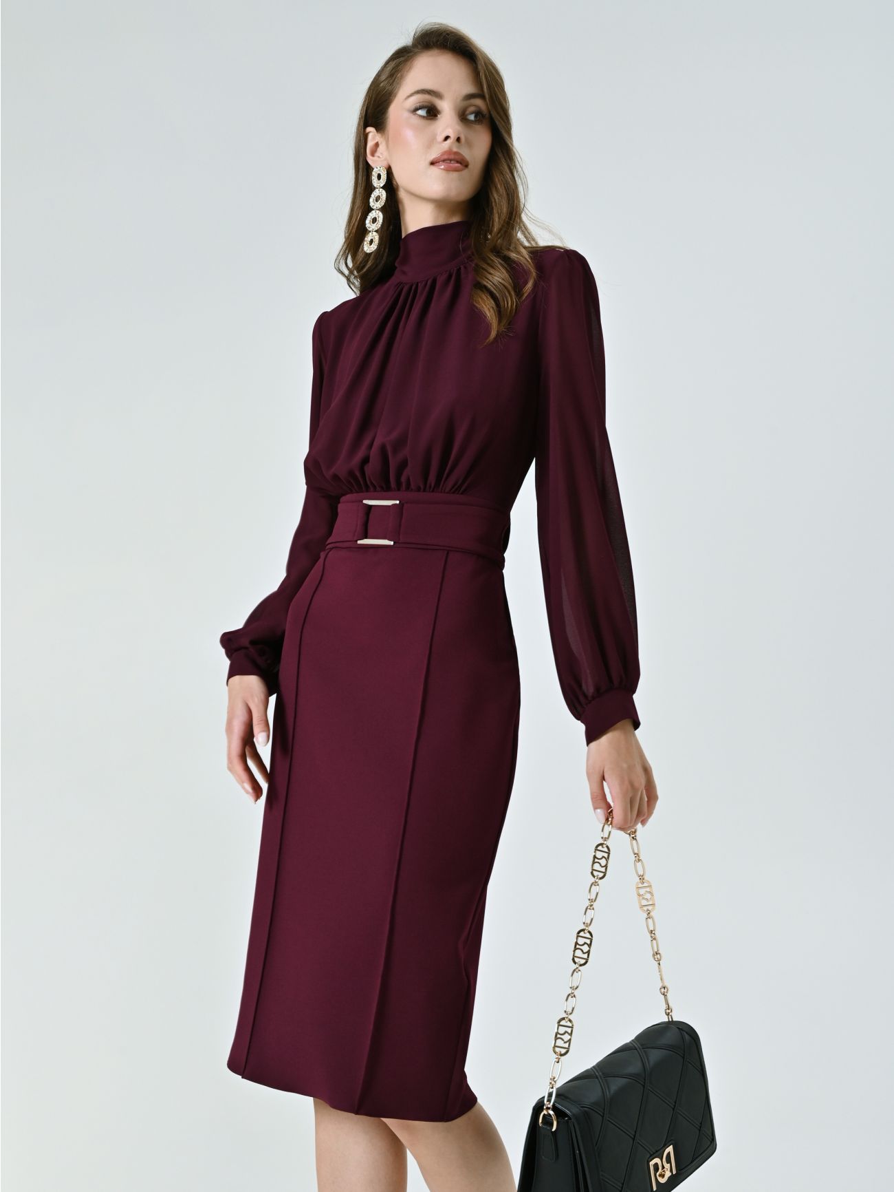 Burgundy Sheath Dress with Geometric Buckle  Rinascimento