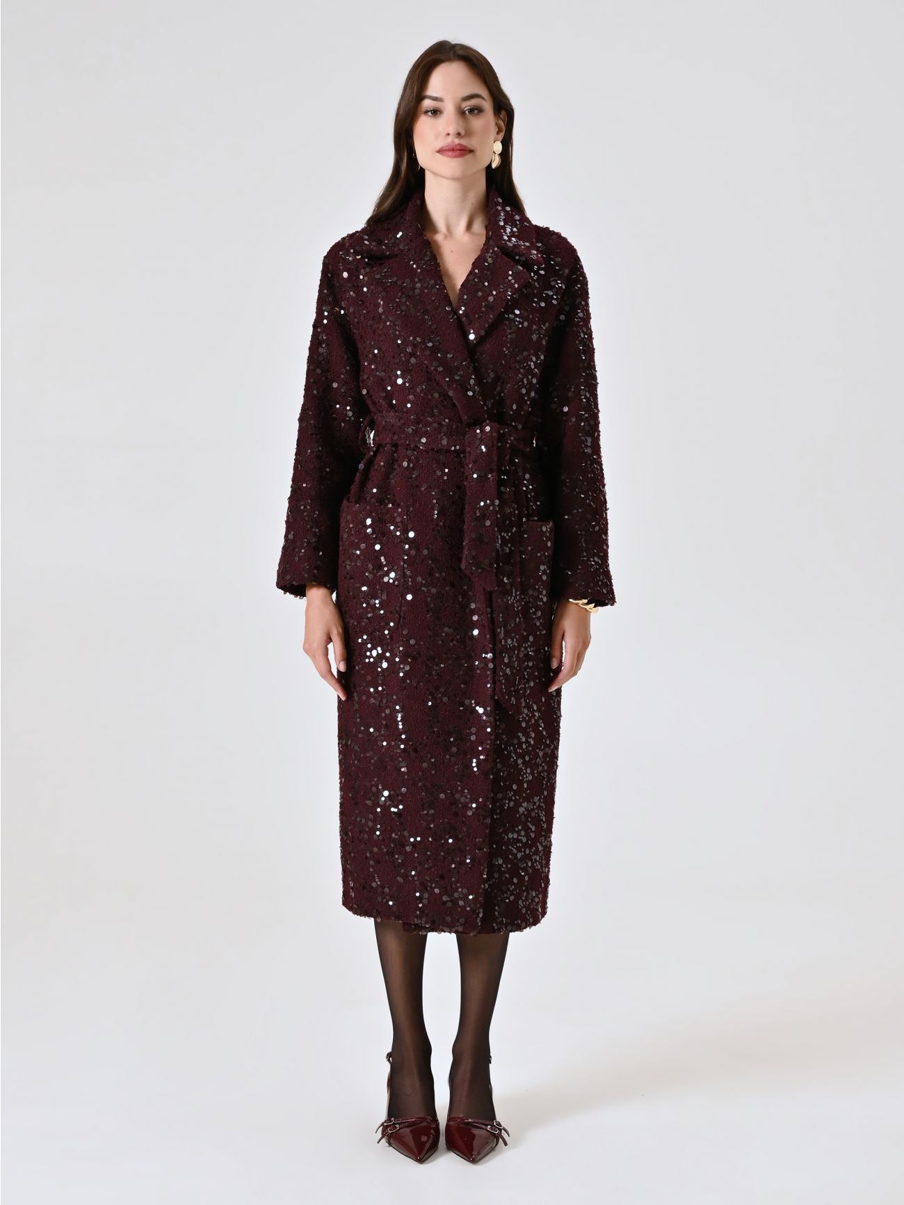 Maxi Burgundy Coat in Bouclé Wool and Sequins  Rinascimento