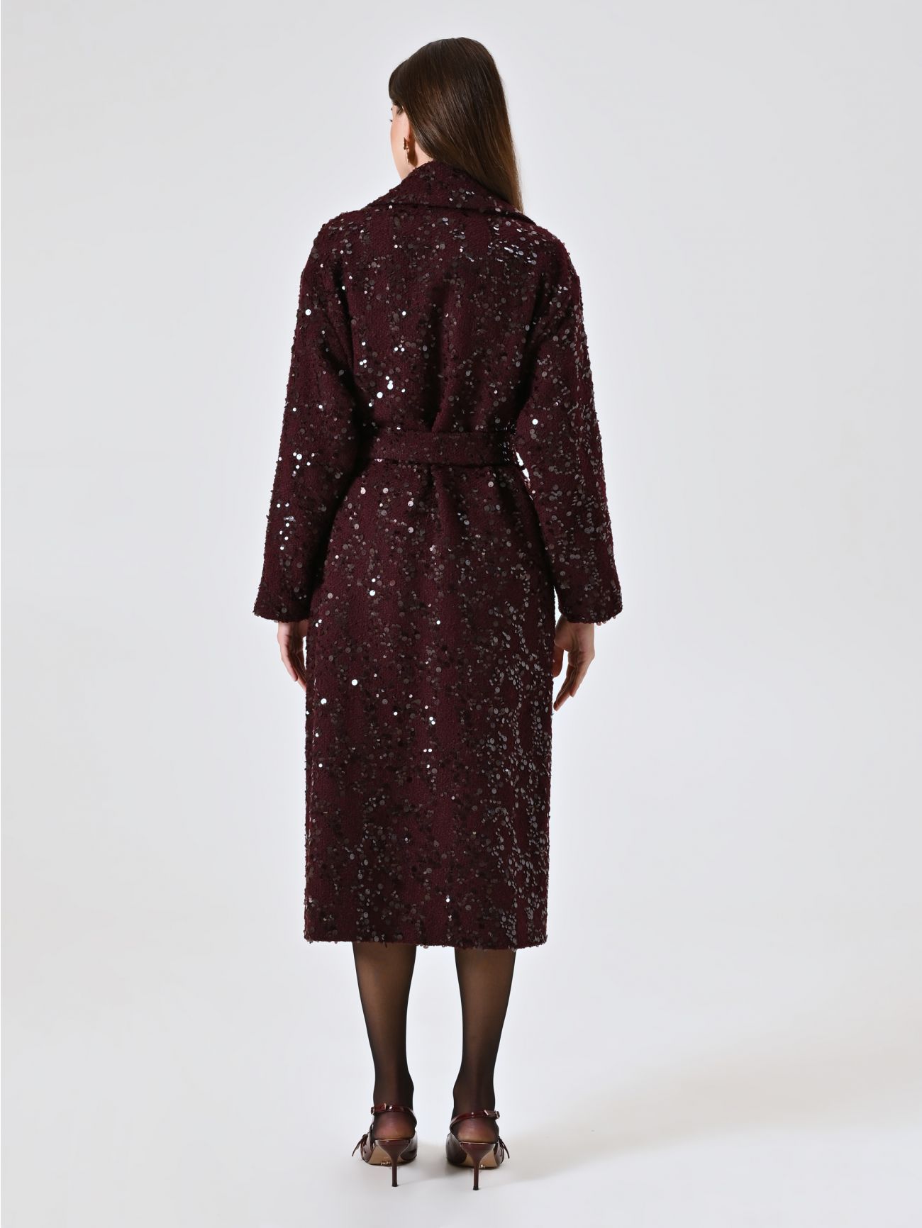 Maxi Burgundy Coat in Bouclé Wool and Sequins det_3