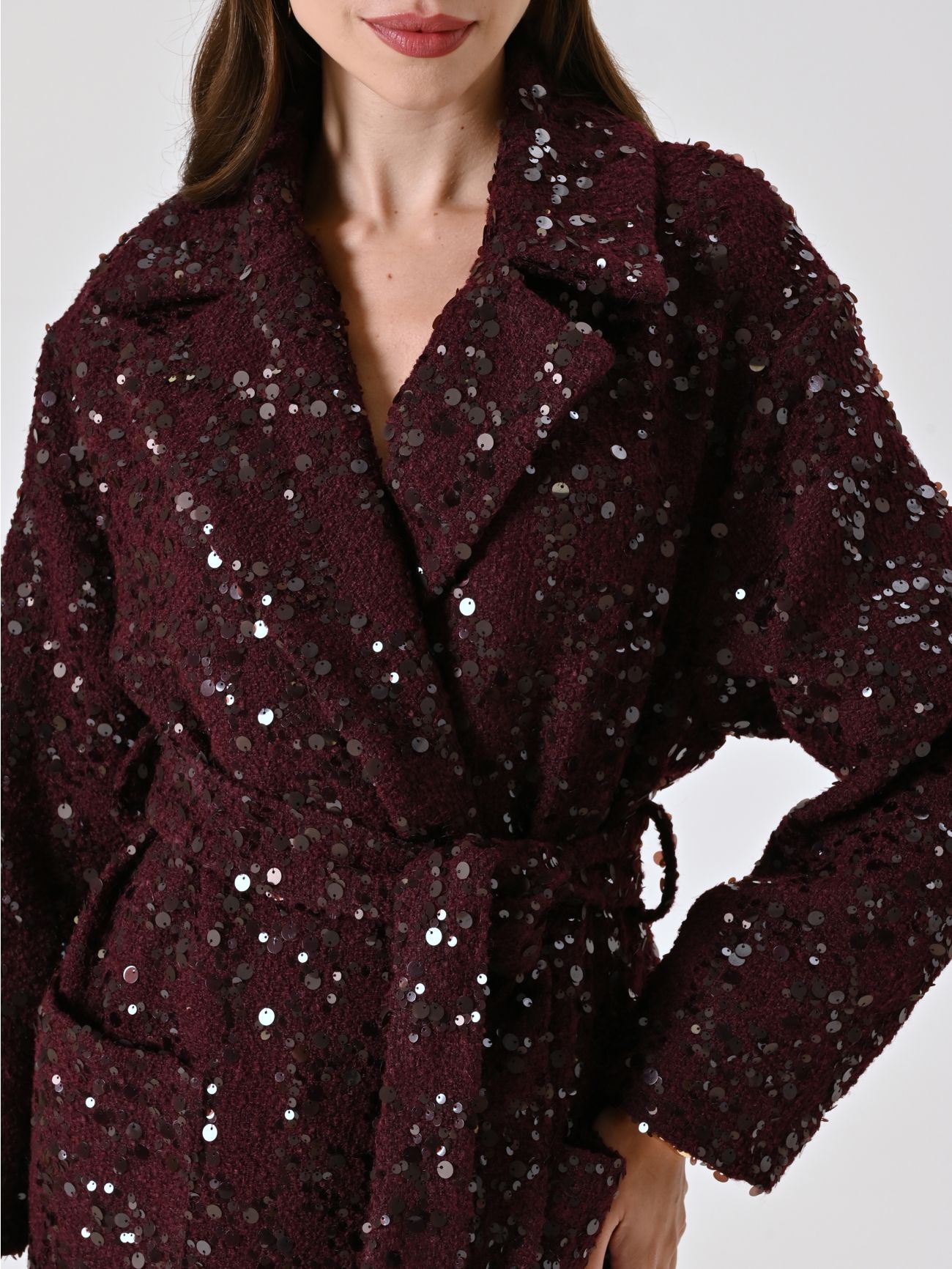 Maxi Burgundy Coat in Bouclé Wool and Sequins in_i5