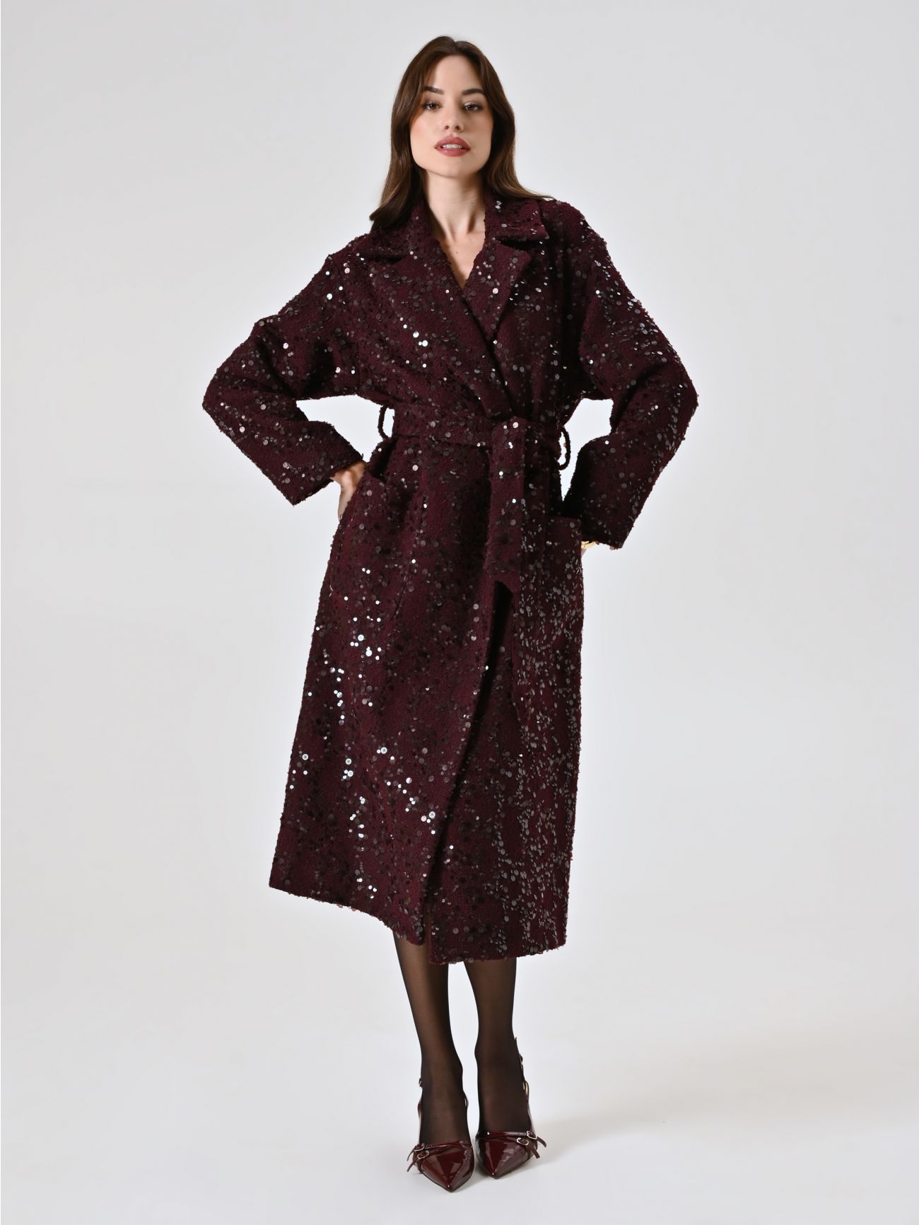 Maxi Burgundy Coat in Bouclé Wool and Sequins in_i7