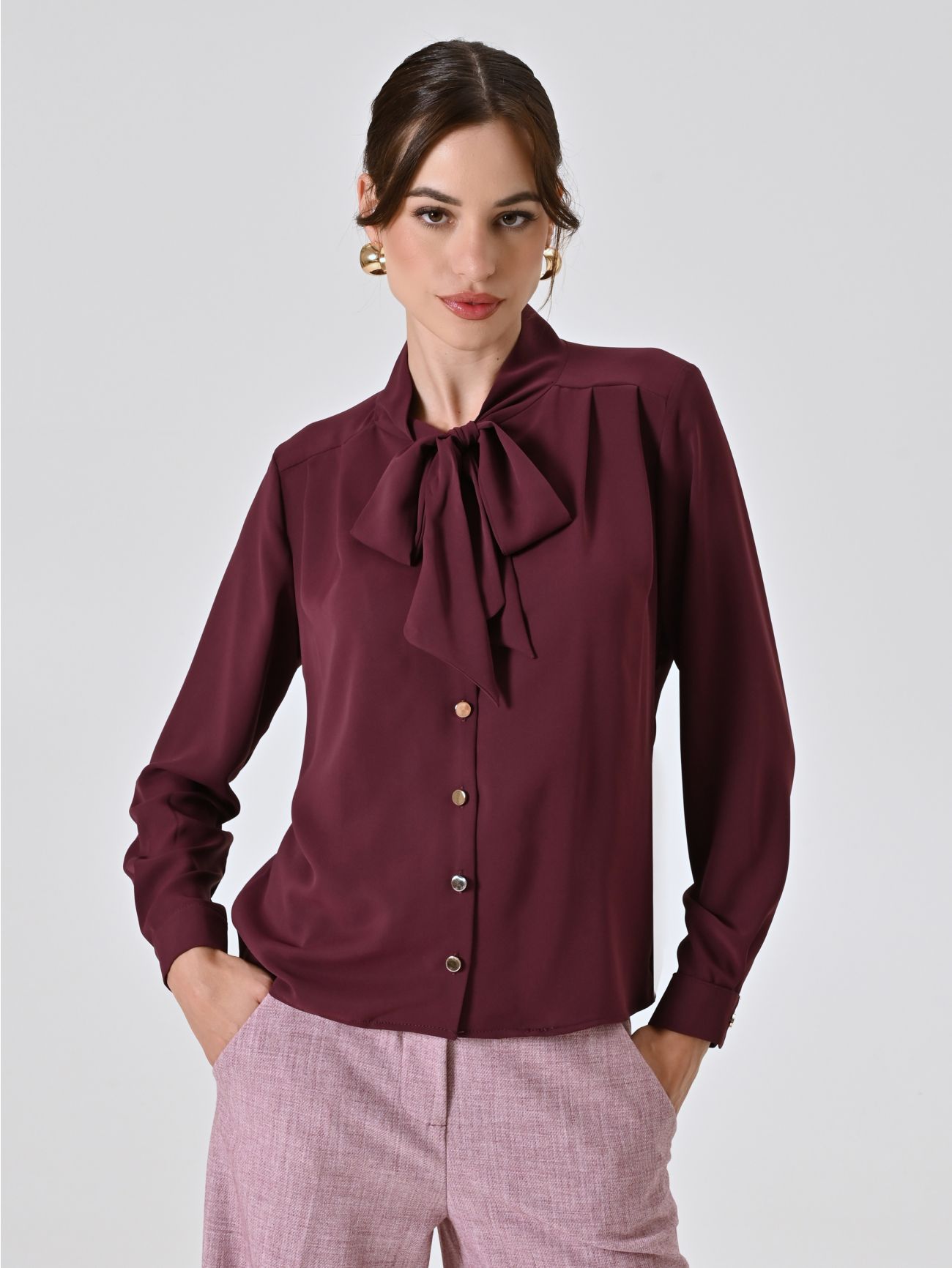 Burgundy Satin Blouse with Bow in_i7