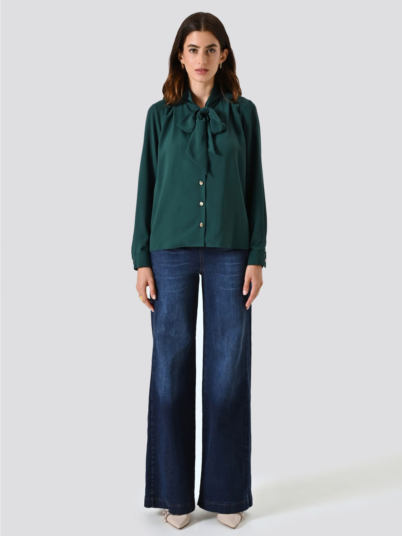 Green Satin Blouse with Bow det_1