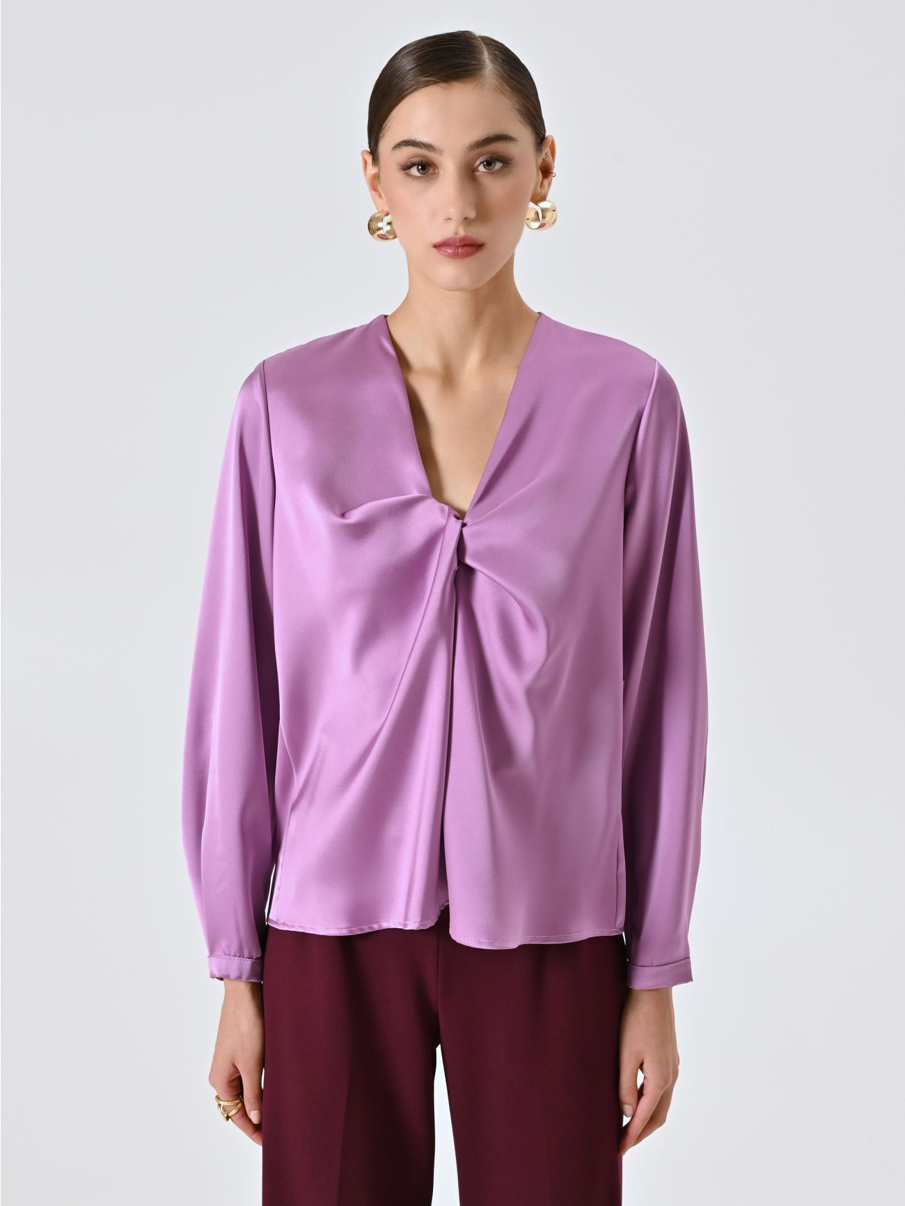 Blouse à nœud rose orchidée det_2