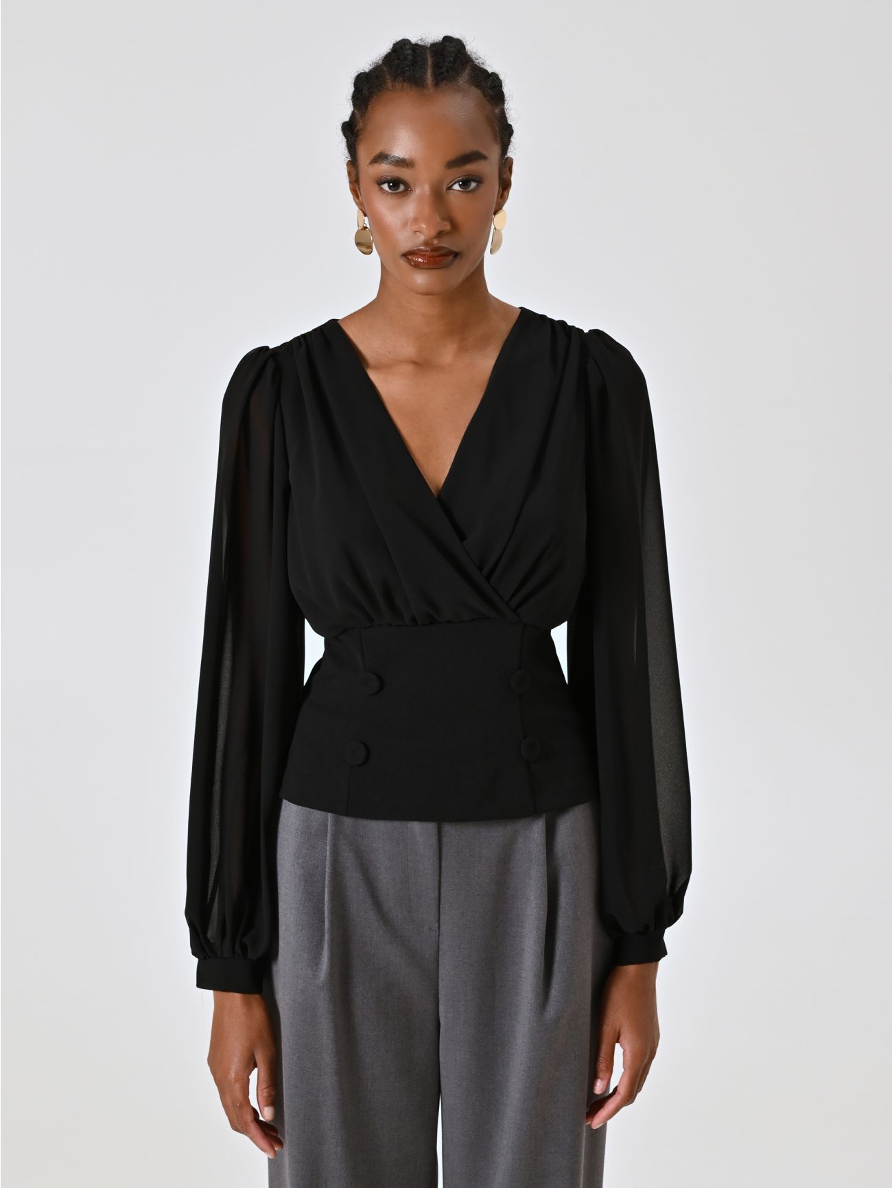 Blusa in Georgette Nera con Bottoni Ricoperti det_2