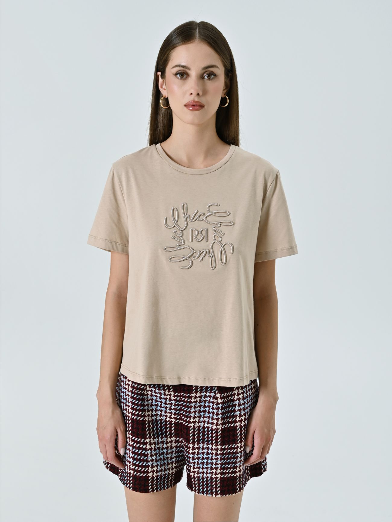 T-Shirt Beige con Ricamo in Rilievo det_2
