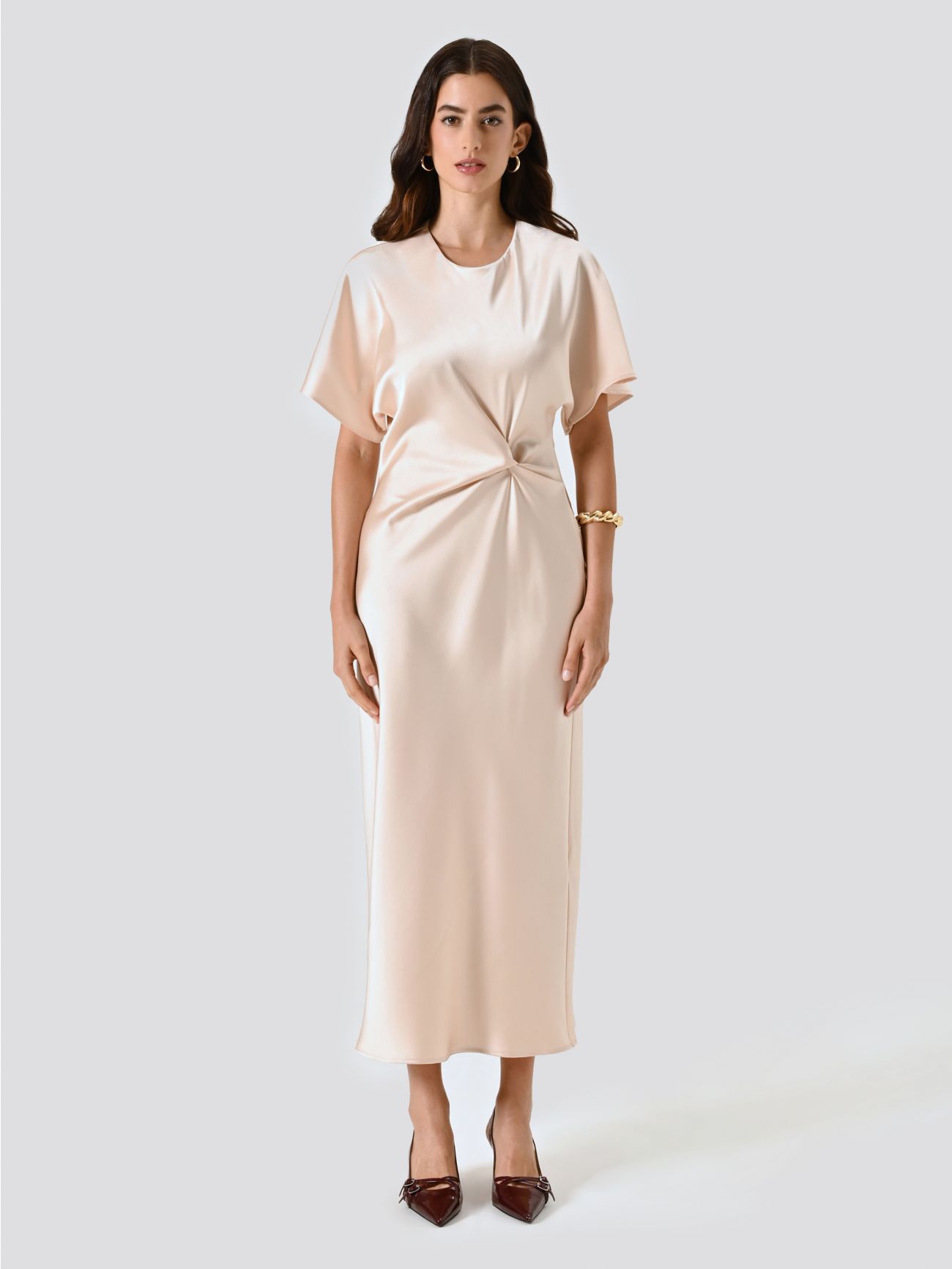Beige Satin Dress with Knot det_1