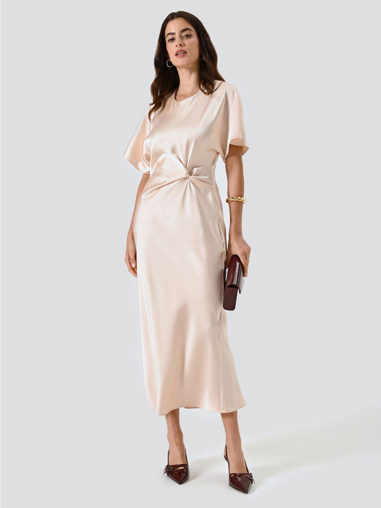 Beige Satin Dress with Knot sp_e1