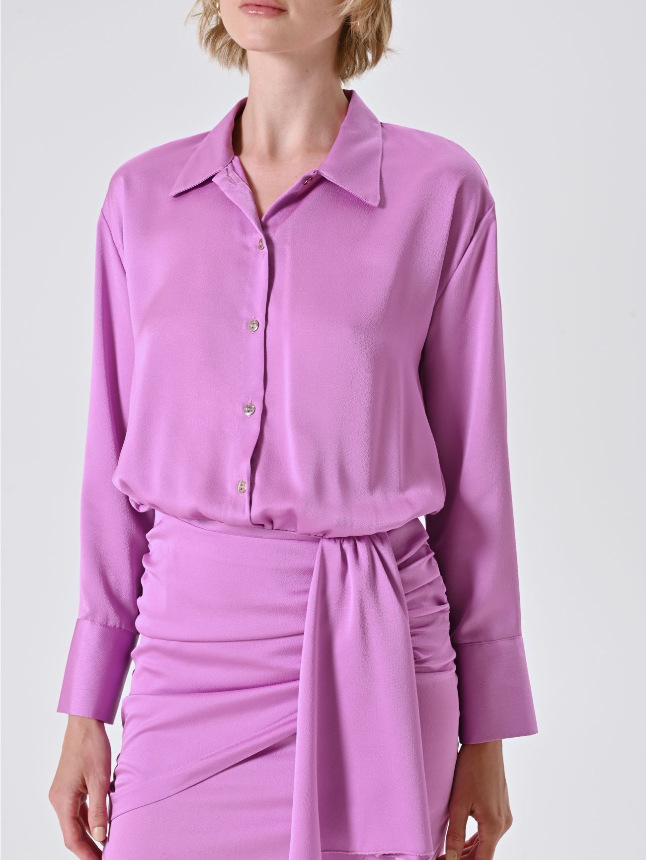 Orchid Pink Shirt Dress in Hammered Satin in_i5