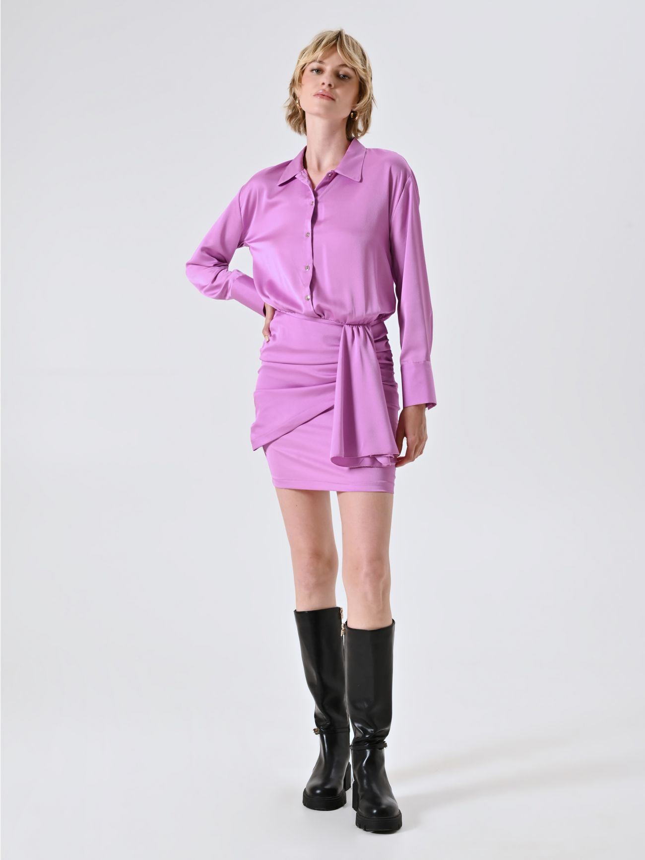 Orchid Pink Shirt Dress in Hammered Satin in_i7