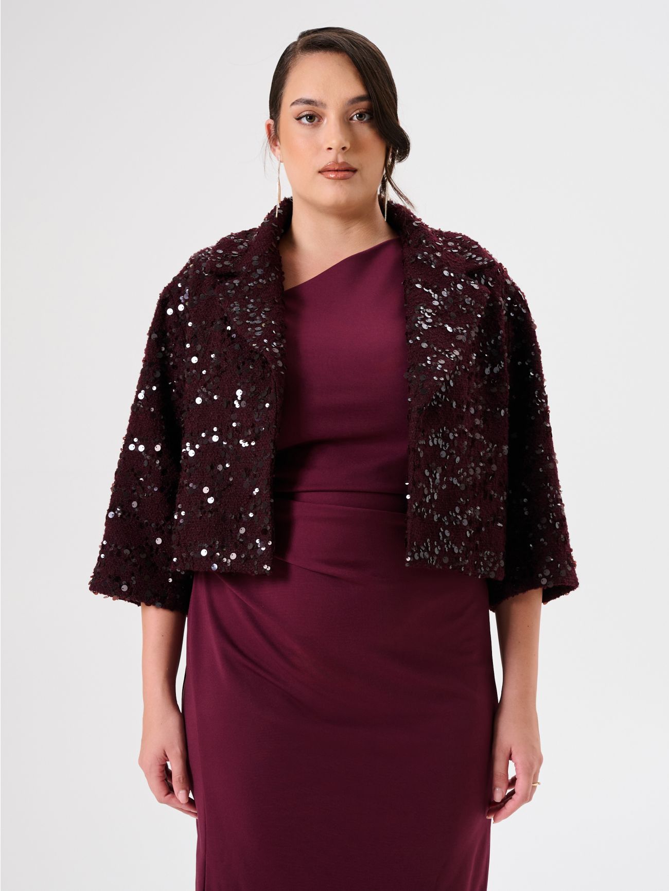 Cappotto Corto Curvy in Panno Bouclé Bordeaux con Paillettes det_3