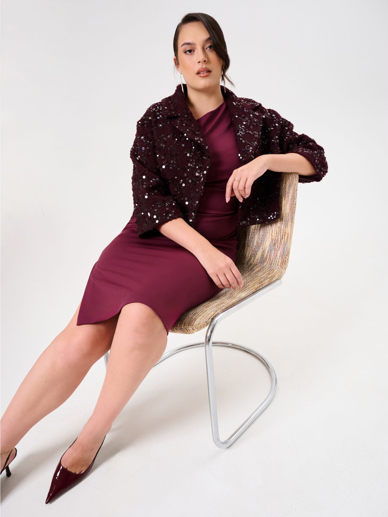 Cappotto Corto Curvy in Panno Bouclé Bordeaux con Paillettes sp_e1