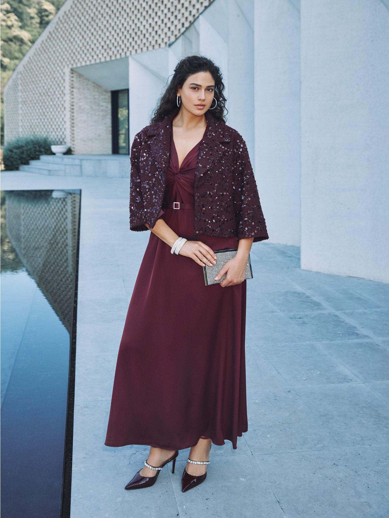 Curvy Short Coat in Burgundy Bouclé Fabric with Sequins  Rinascimento