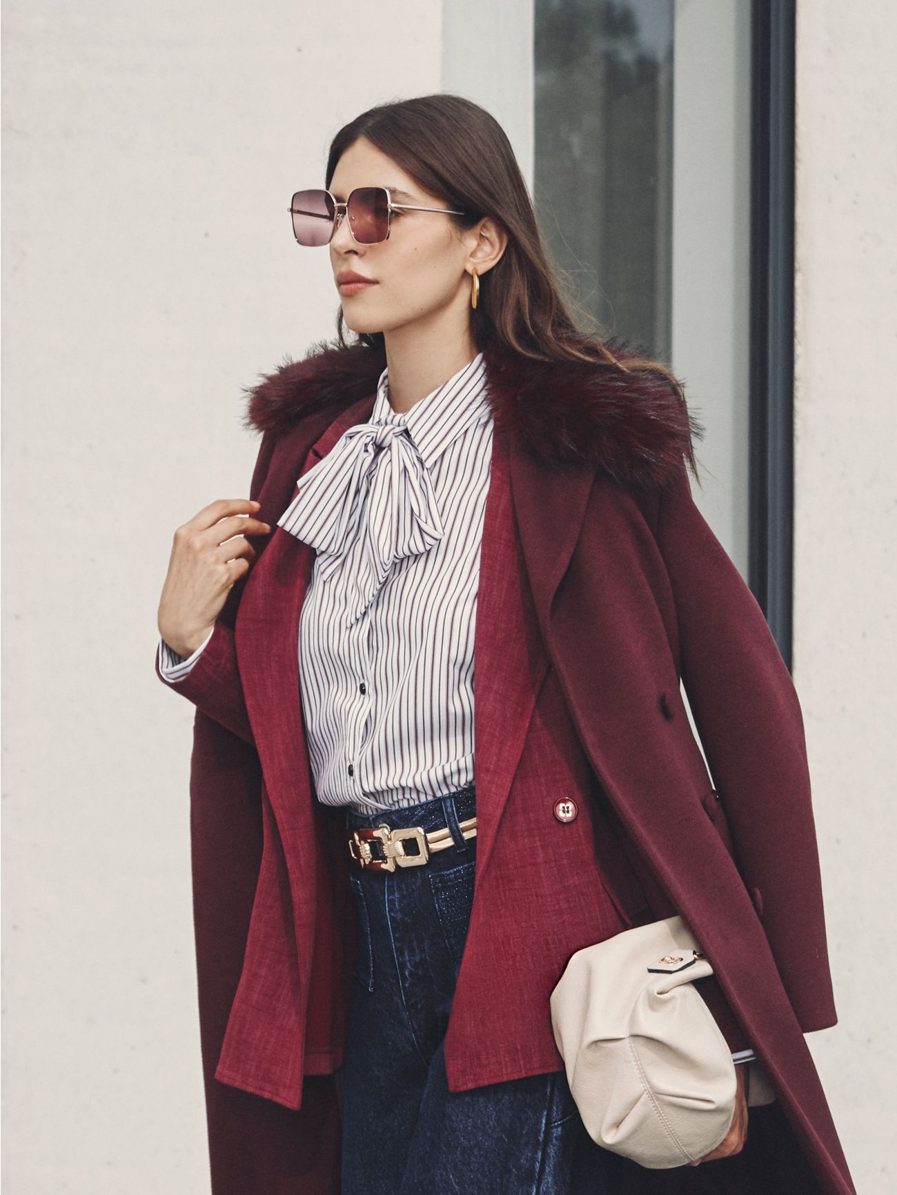 Burgundy Maxi Coat with Fur Collar  Rinascimento