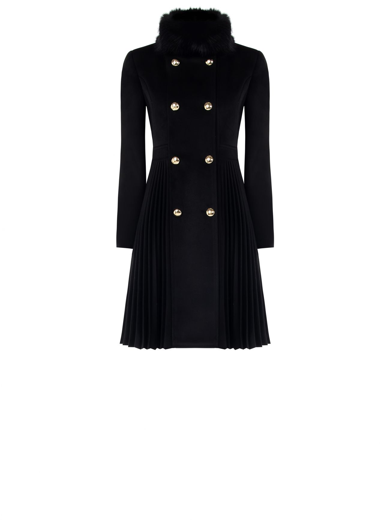 Black Pleated Coat with Fur Collar det_4