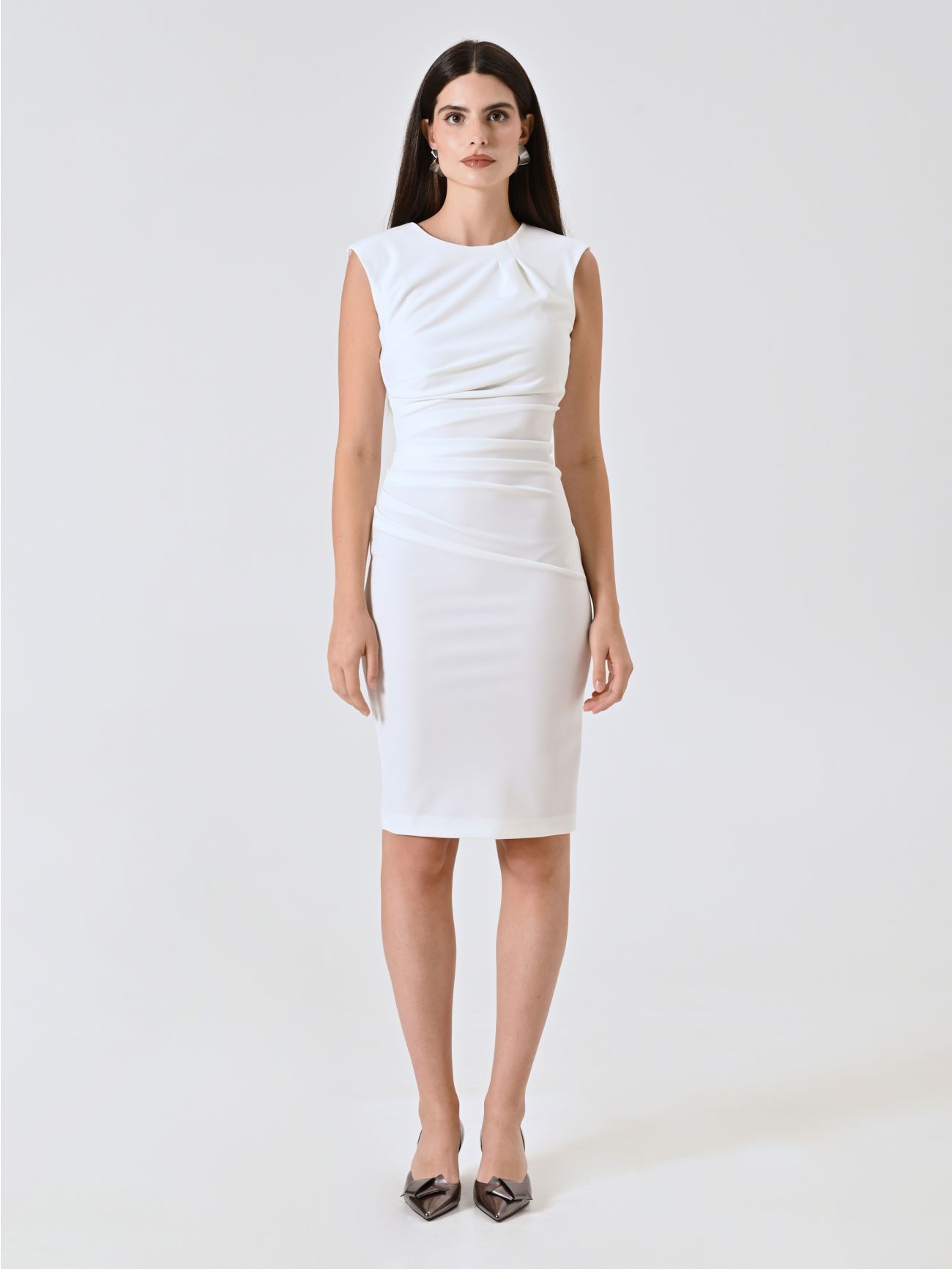 White Milano-stitch Sheath Dress with Drape det_1