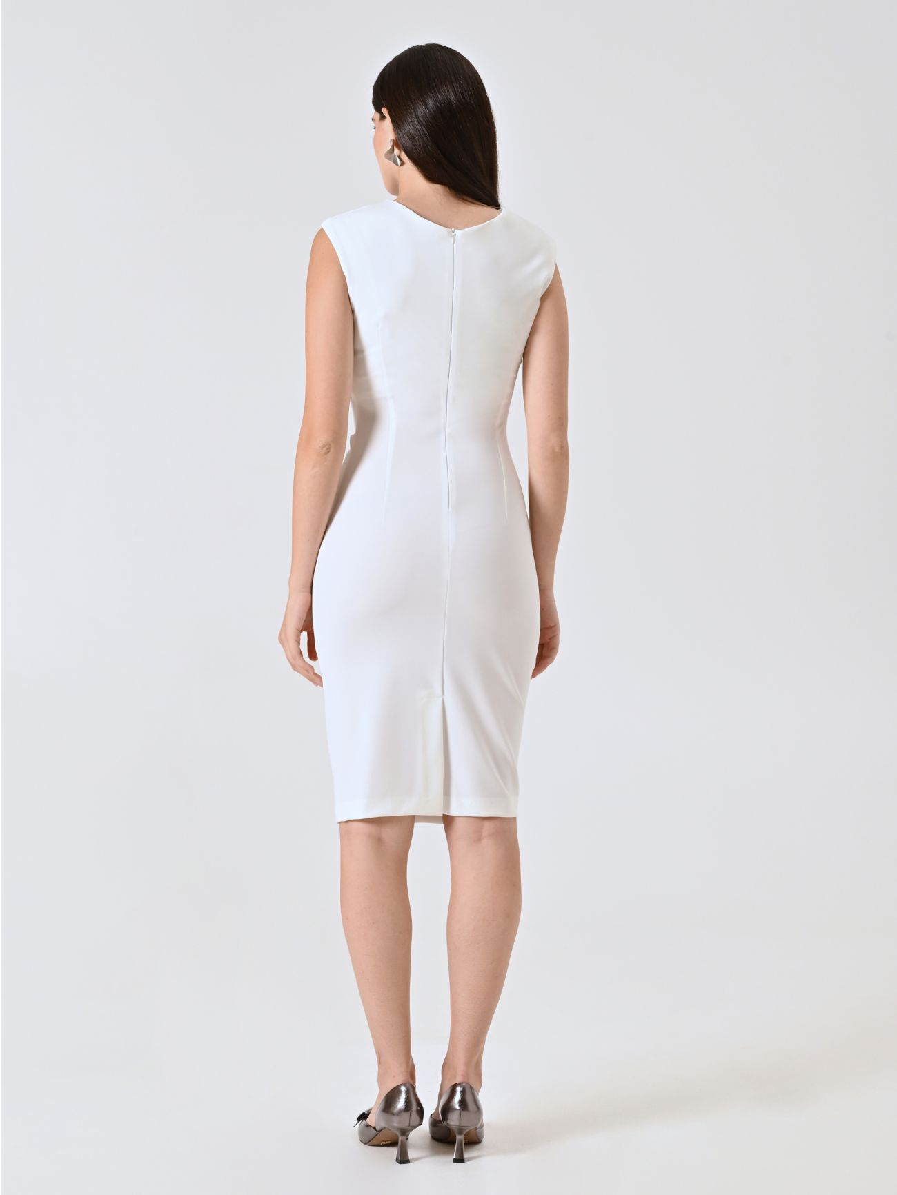 White Milano-stitch Sheath Dress with Drape det_3