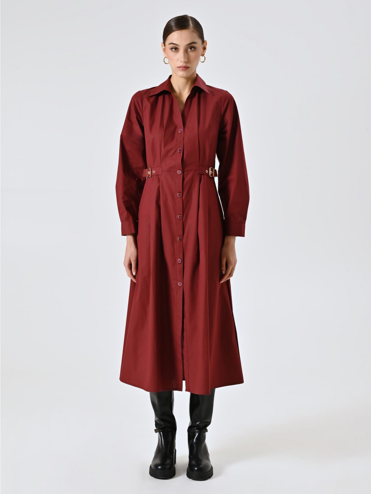 Burgundy Shirt Dress with Buckles det_1