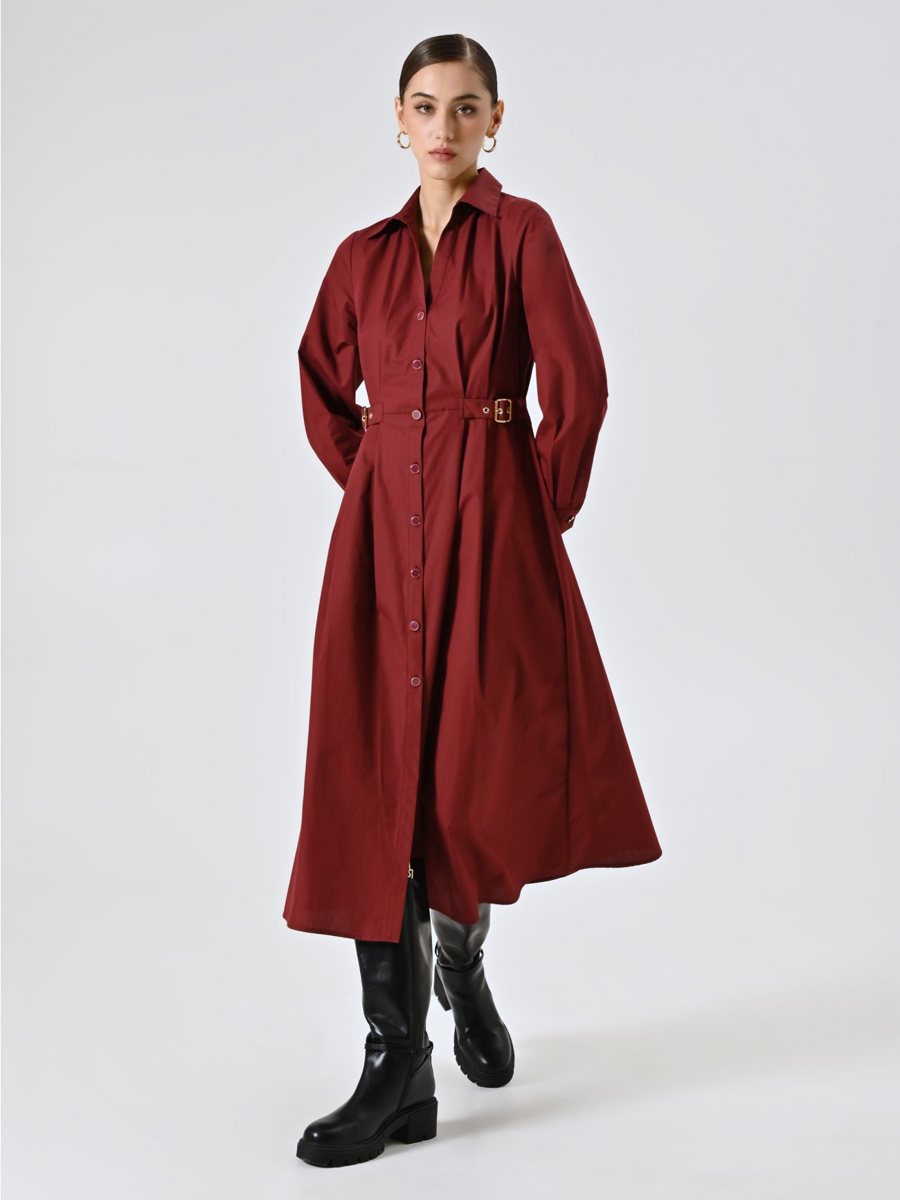Burgundy Shirt Dress with Buckles in_i7