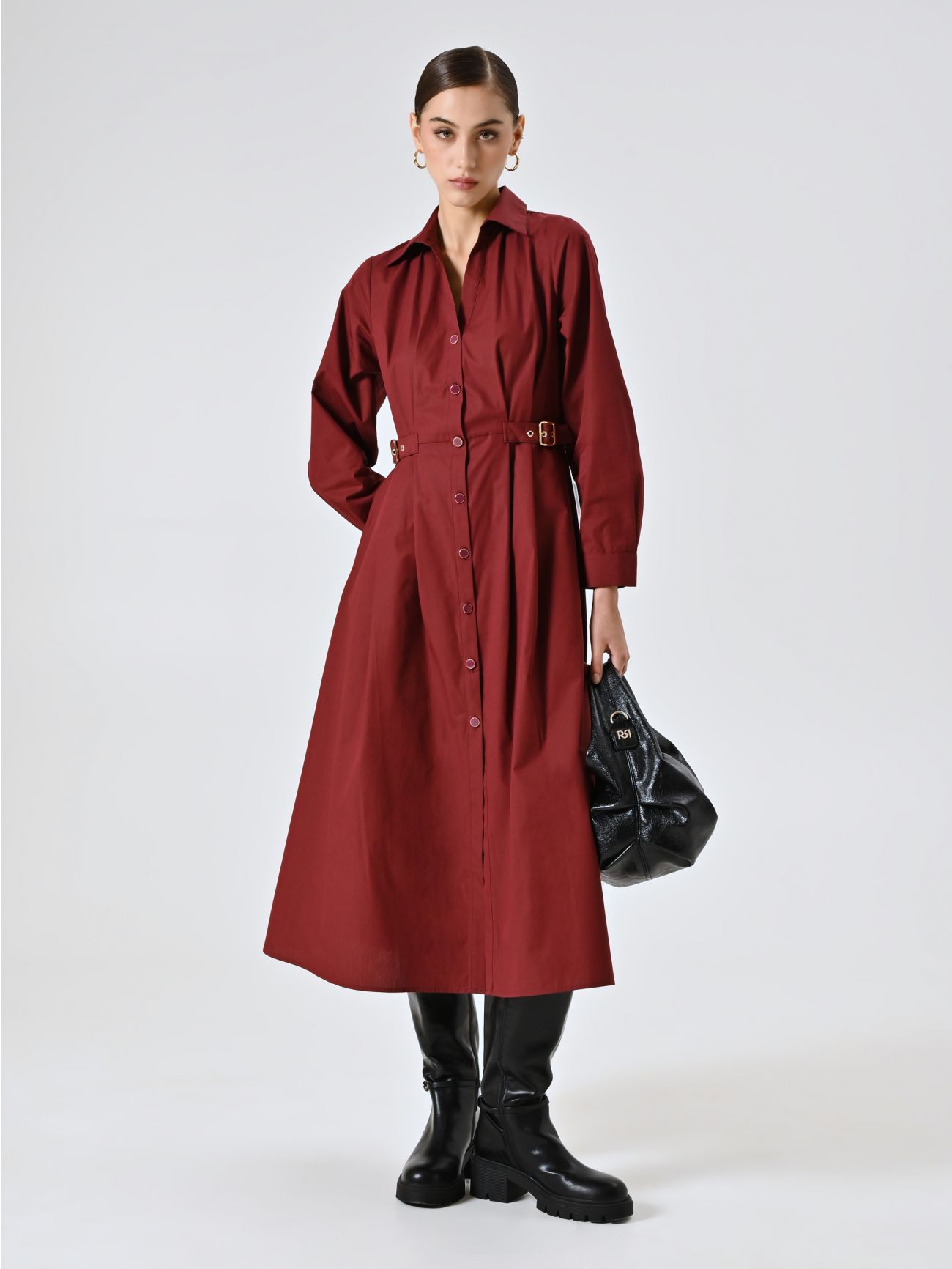 Burgundy Shirt Dress with Buckles  Rinascimento