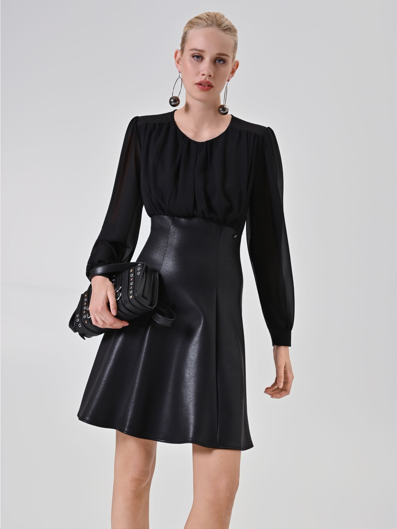 Black Contrast-Fabric Puff Sleeve Mini Dress  Rinascimento