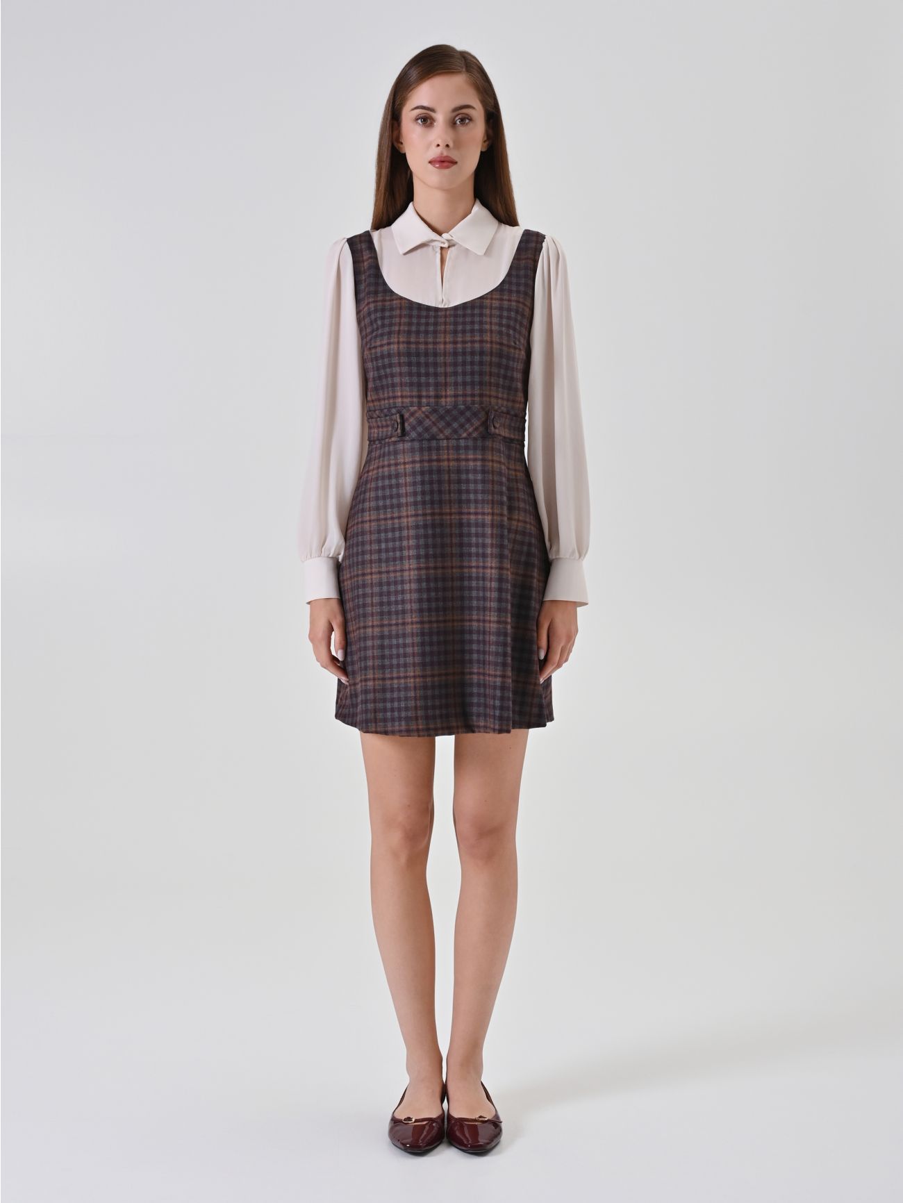 Burgundy Check Blouse Dress 1 Rinascimento Burgundy Check Blouse Dress det_1