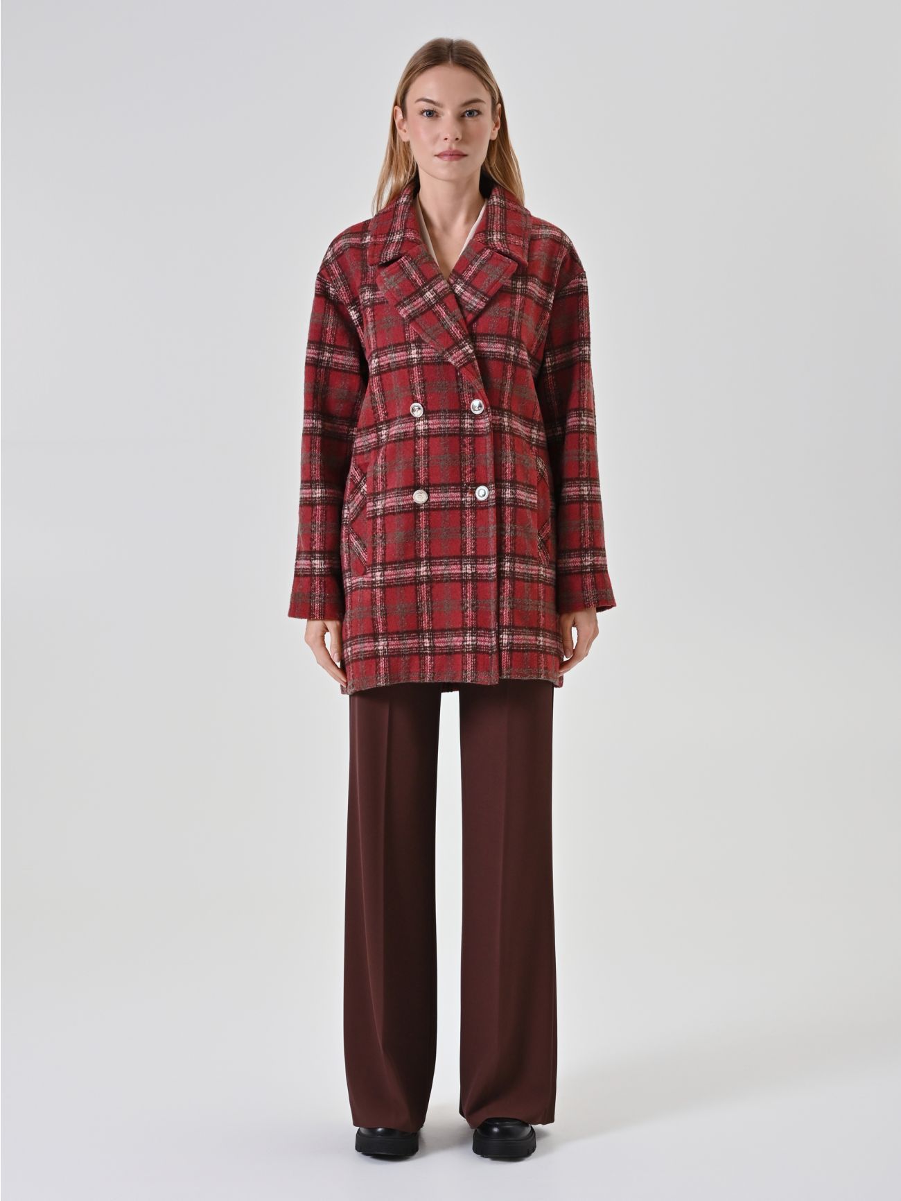 Burgundy Check Double-Breasted Coat det_1