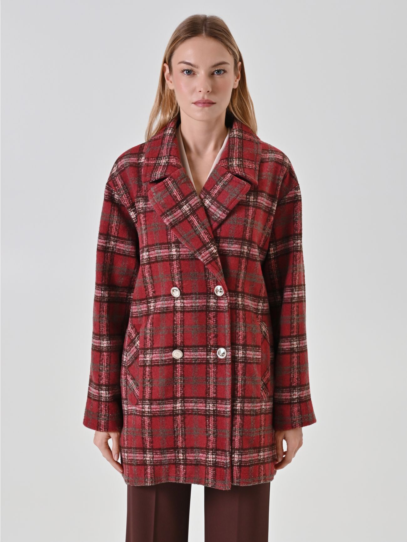 Burgundy Check Double-Breasted Coat det_2