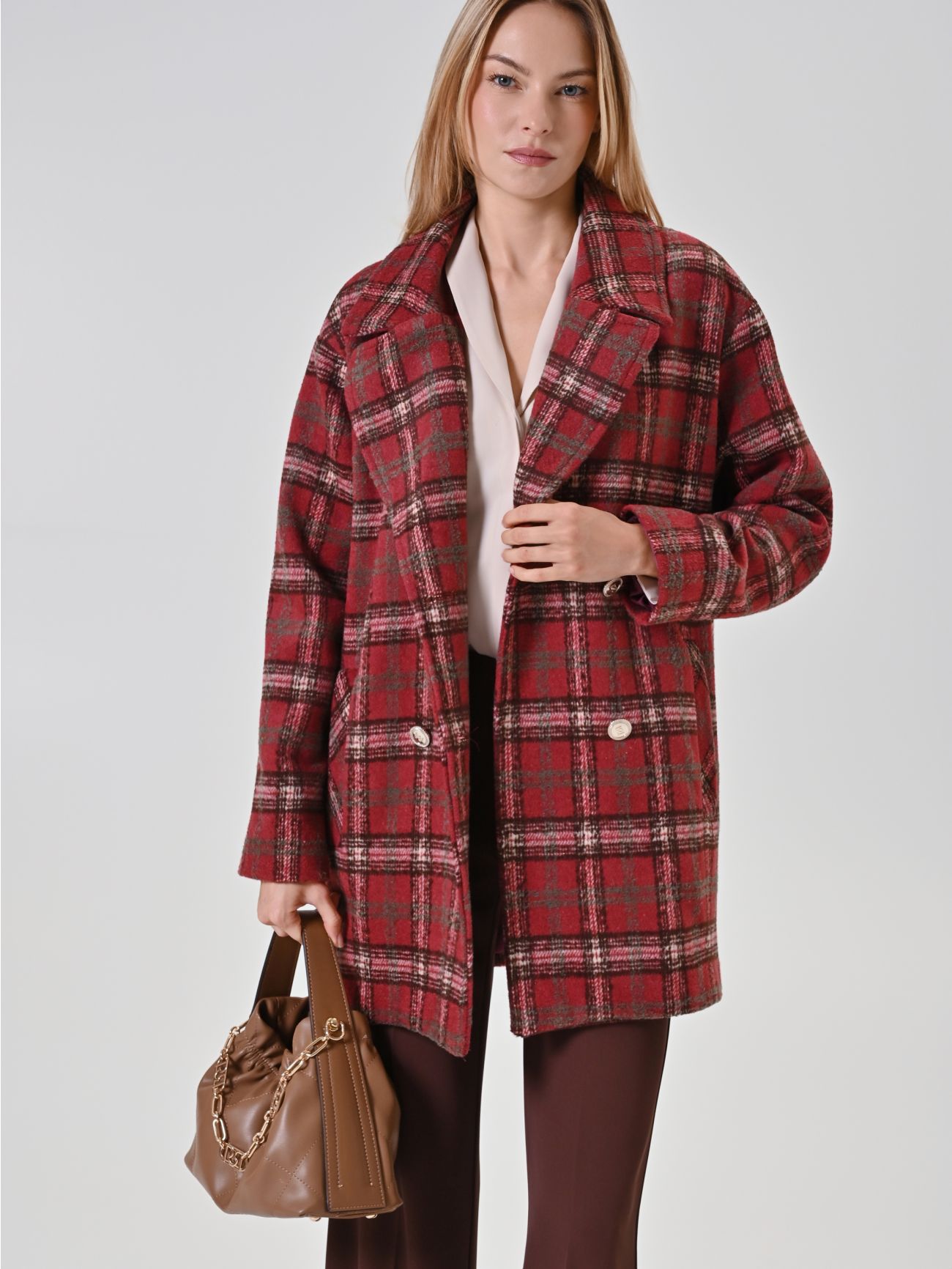 Cappotto doppiopetto check bordeaux  Rinascimento