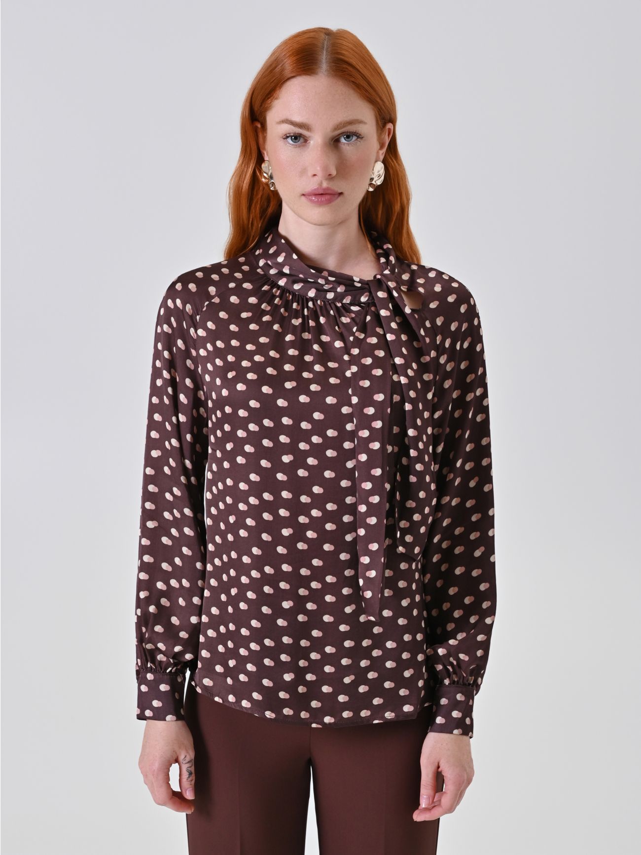 Chocolate Printed Satin Blouse with Draped Neckline det_2