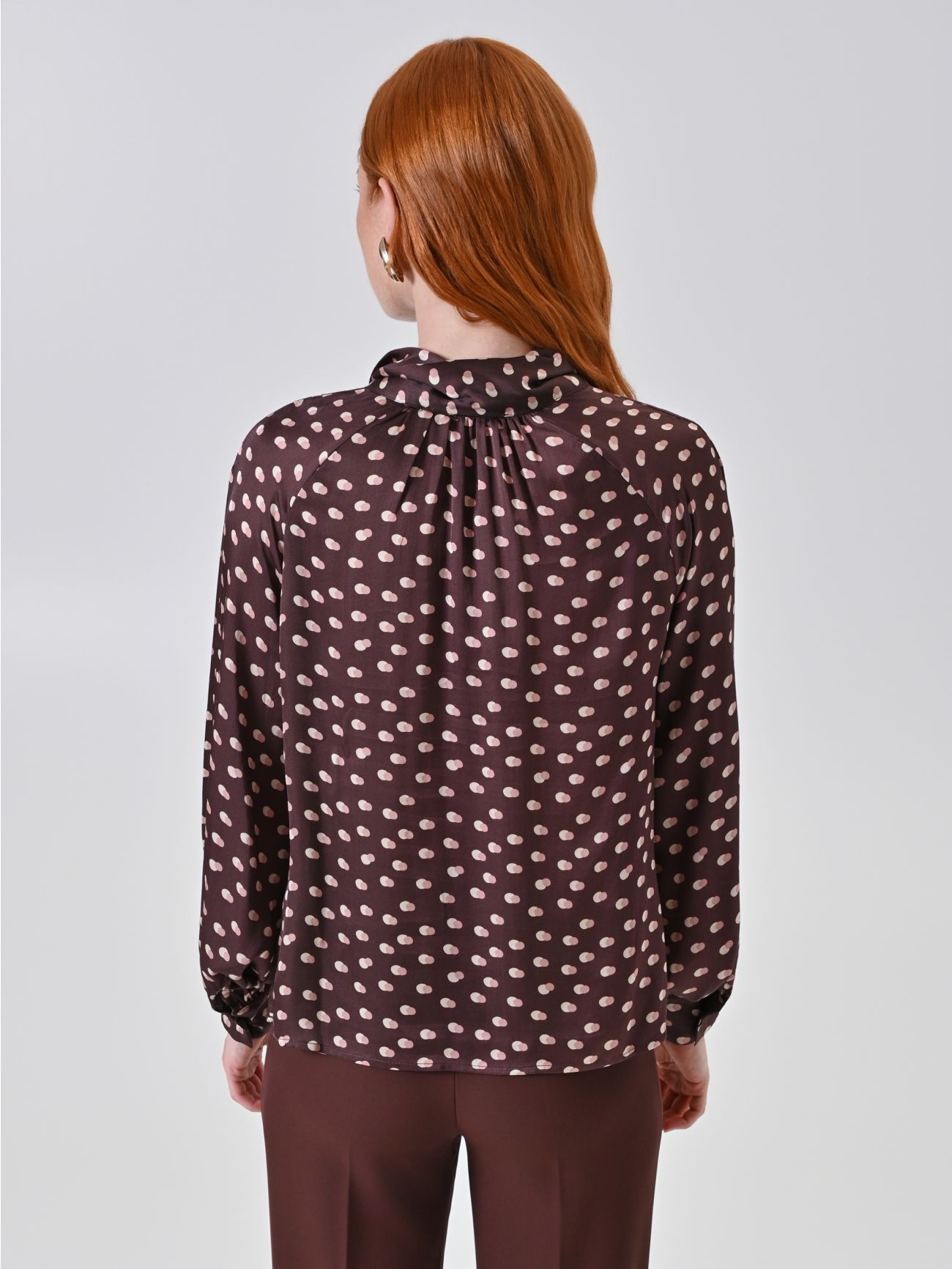 Chocolate Printed Satin Blouse with Draped Neckline det_3