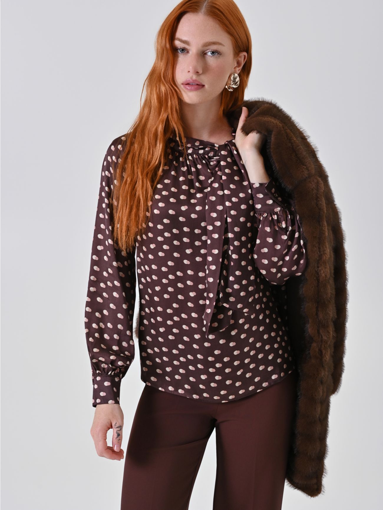 Chocolate Printed Satin Blouse with Draped Neckline  Rinascimento